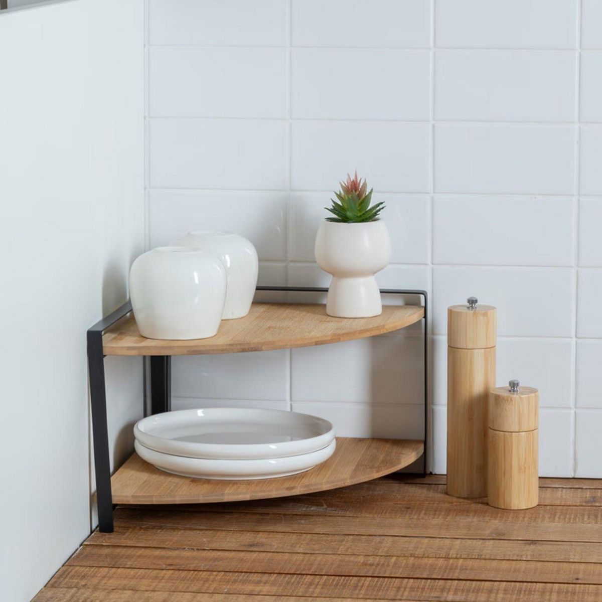 FIVE Étagère d'angle 2 niveaux en bambou et métal ORDERA