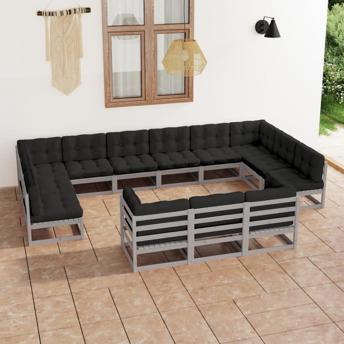 VIDAXL Salon de jardin 13 pcs avec coussins Gris Bois de pin massif