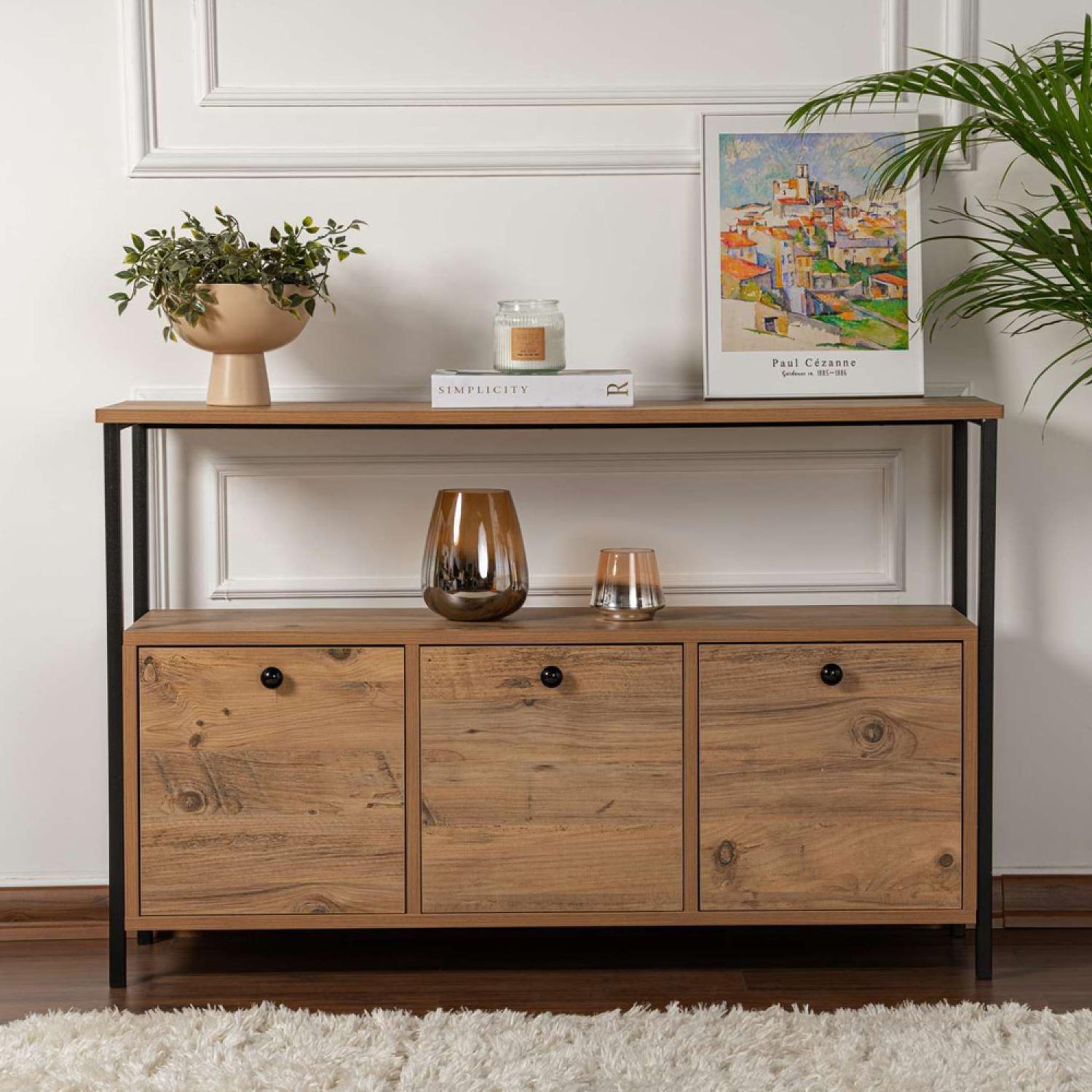 Voir la diapositive 2 : CONCEPT USINE Console avec rangements bois et métal noir 120x77cm solis