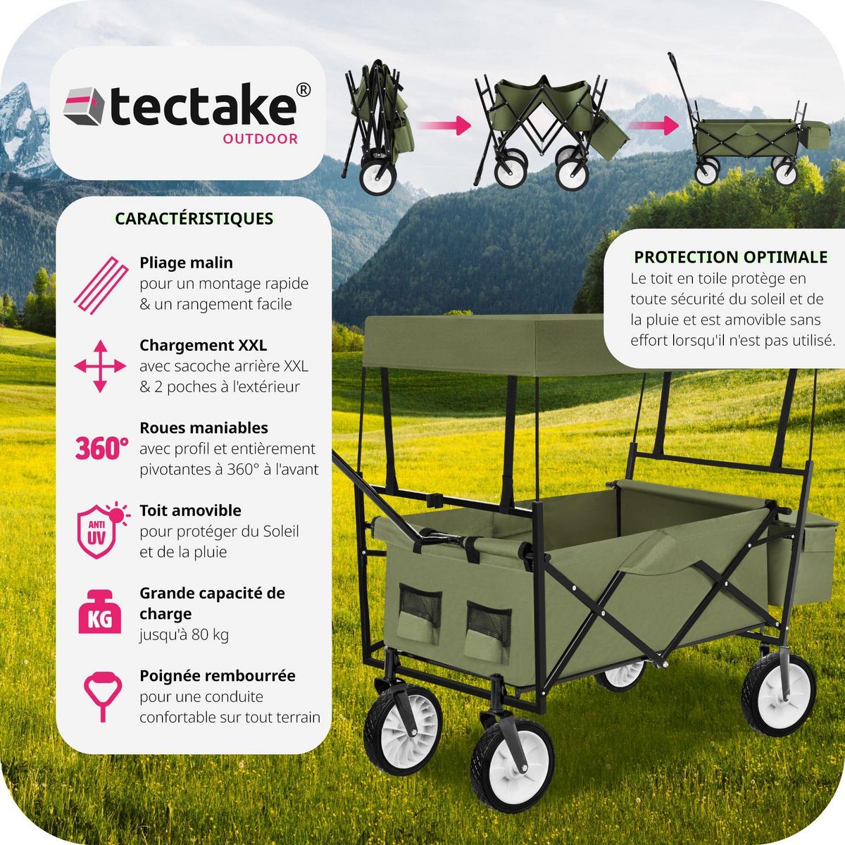 tectake Chariot de jardin et de transport pliable avec toit vert