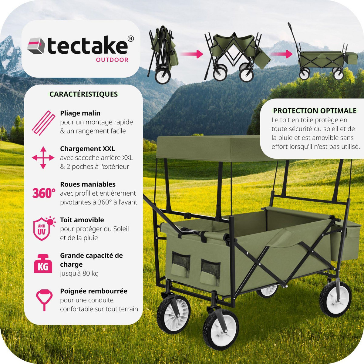 tectake Chariot de jardin et de transport pliable avec toit vert
