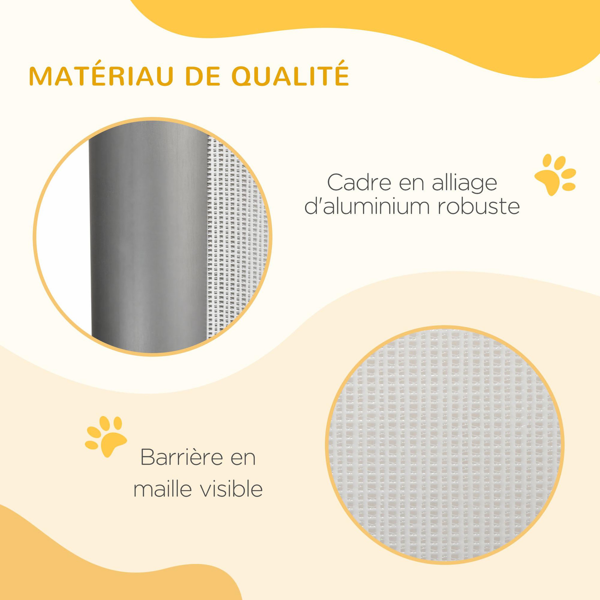Voir la diapositive 6 : PAWHUT Barrière de sécurité barrière animaux rétractable automatique dim. 1,4L x 0,88H m aluminium maille PVC blanc