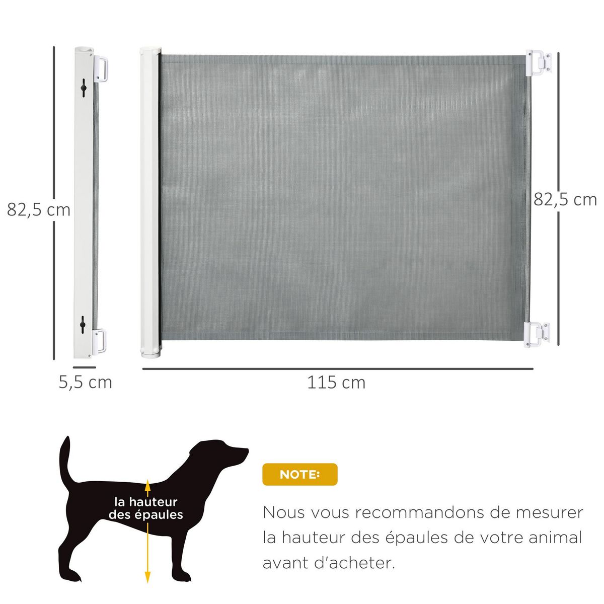 PAWHUT Barrière de sécurité barrière animaux rétractable automatique 1,15L x 0,83H m teslin métal gris