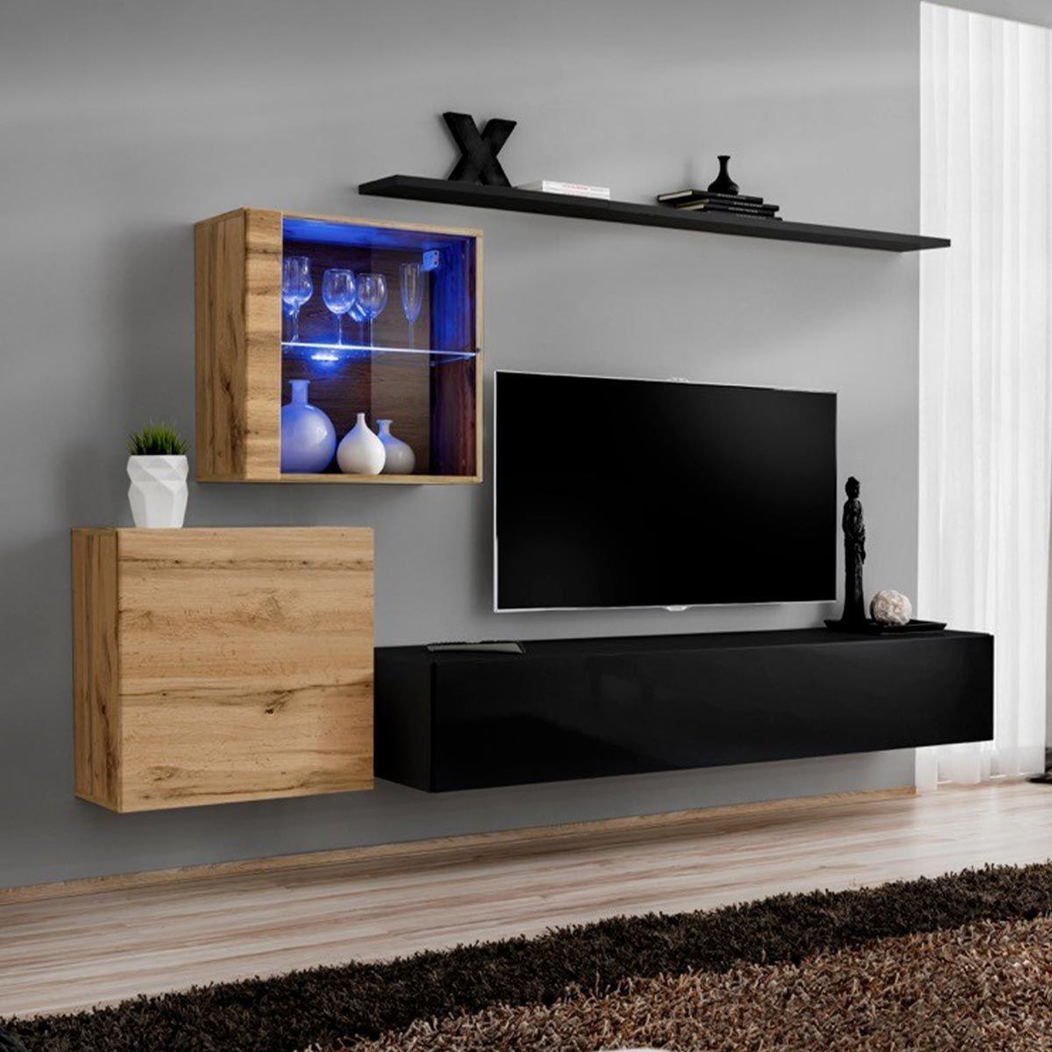 Paris Prix Meuble tv mural design  switch xv  260cm noir & naturel