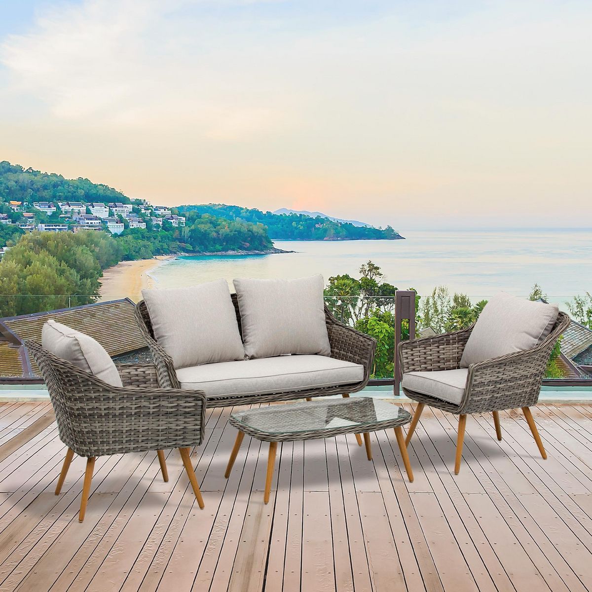 OUTSUNNY Salon de jardin 4 places 4 pièces design scandinave métal époxy résine tressée imitation rotin coussins inclus gris