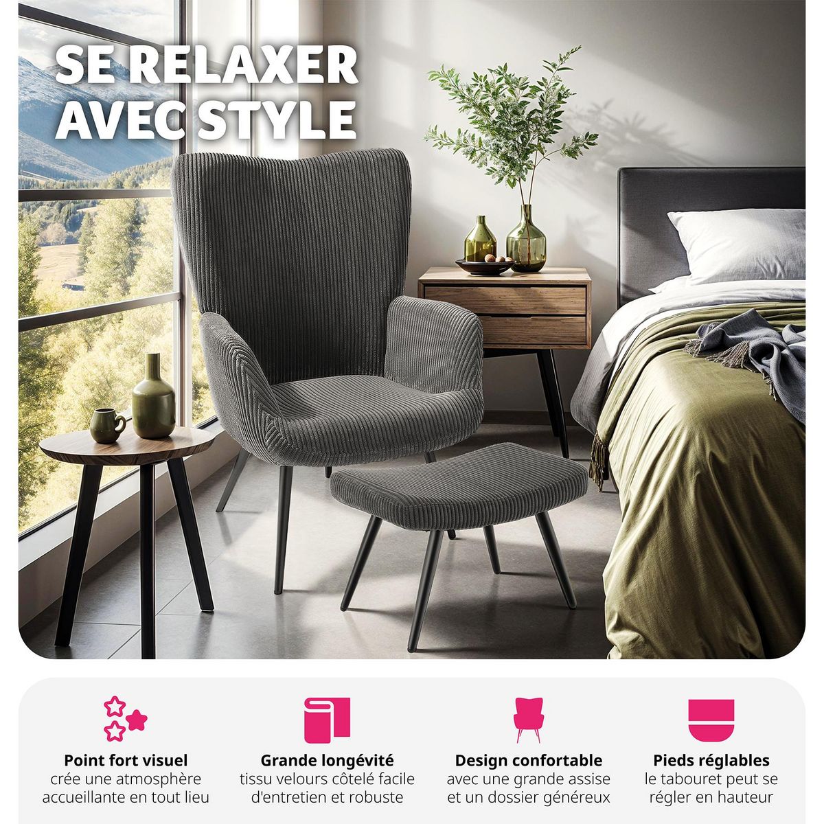 tectake Fauteuil rembourré Velours côtelé large anthracite/noir