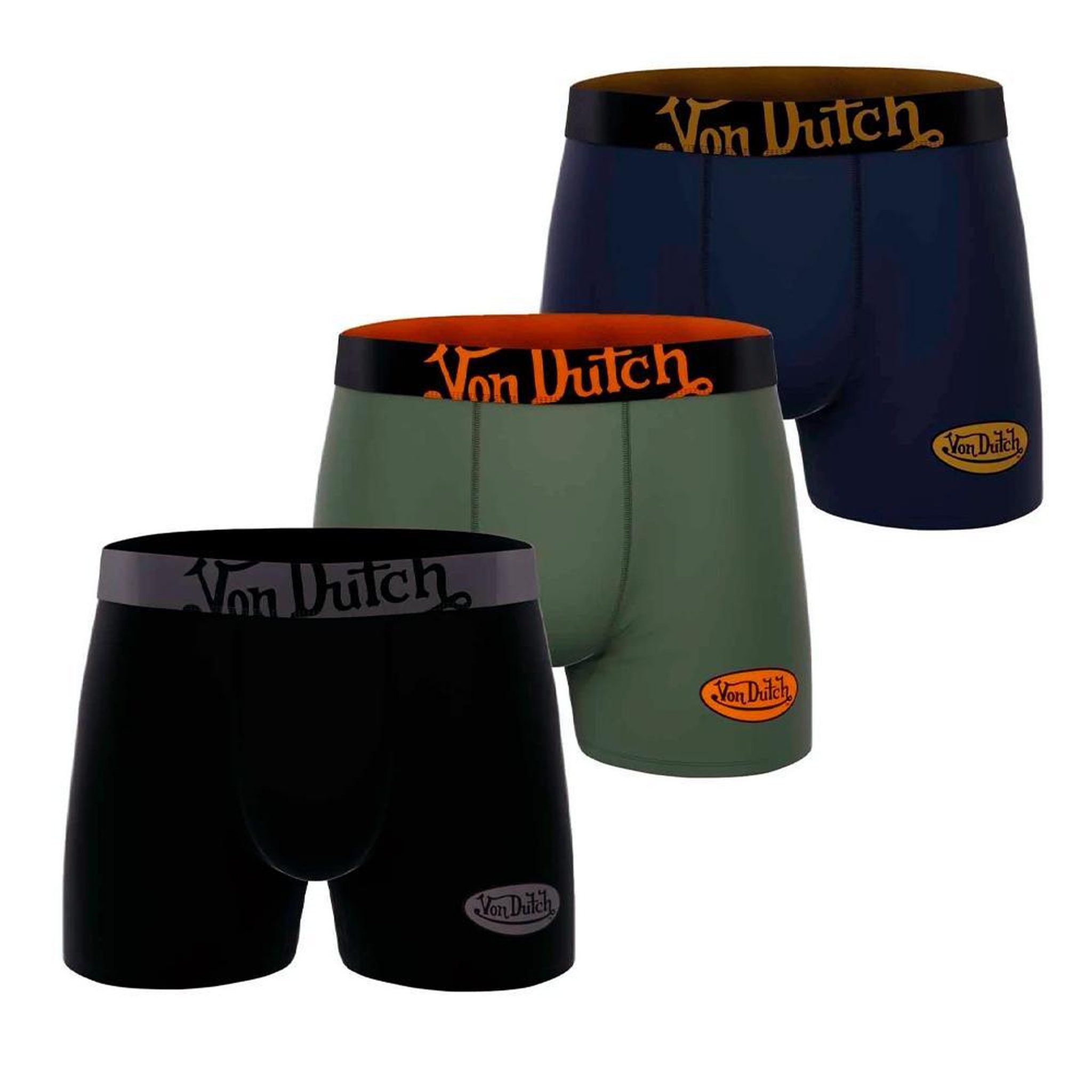 VON DUTCH x3 Boxers Noir/Vert/Marine Homme Von Dutch LOGMED. Coloris disponibles : Noir