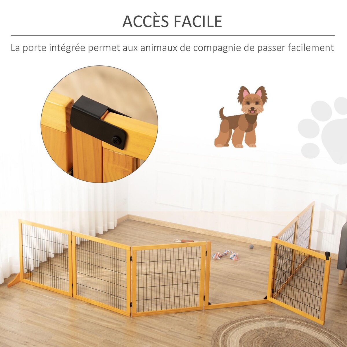 PAWHUT Barrière de sécurité parc enclos chien modulable pliable porte verrouillable intégrée 5 panneaux grillage acier noir bois de pin verni