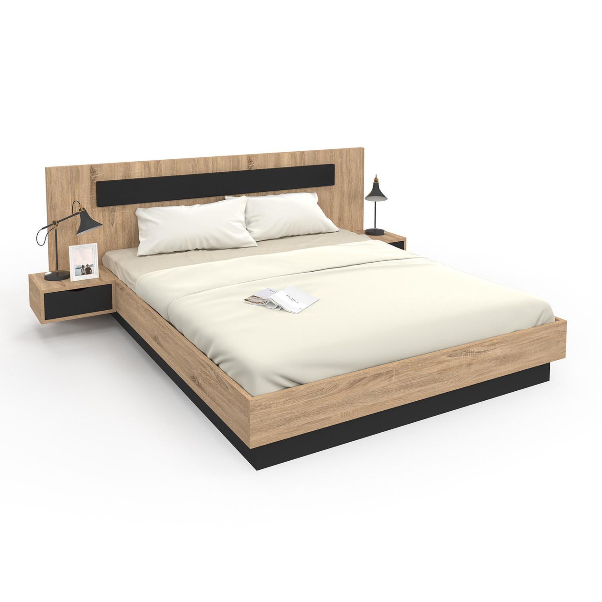 ID MARKET Lit double santa avec tête de lit + tables de chevet intégrées et sommier 160 x 200 cm bois et noir