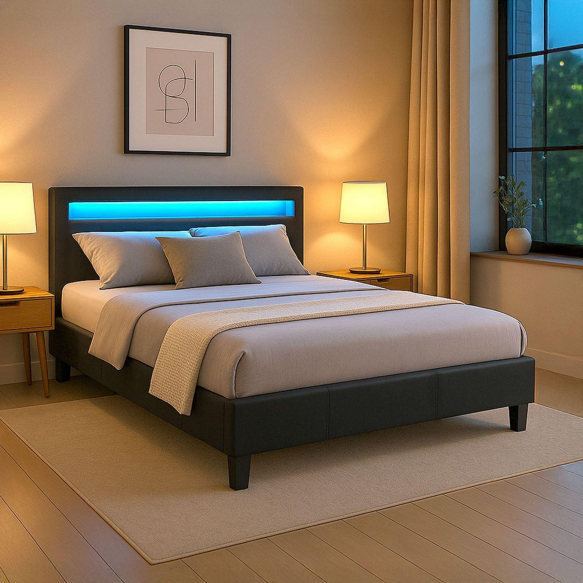 IDIMEX Lit LED double PINOT 140x190 cm, avec sommier, revêtement synthétique