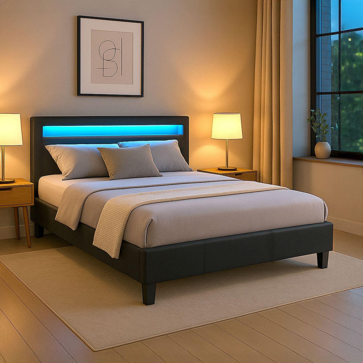 IDIMEX Lit LED double PINOT 140x190 cm, avec sommier, revêtement synthétique