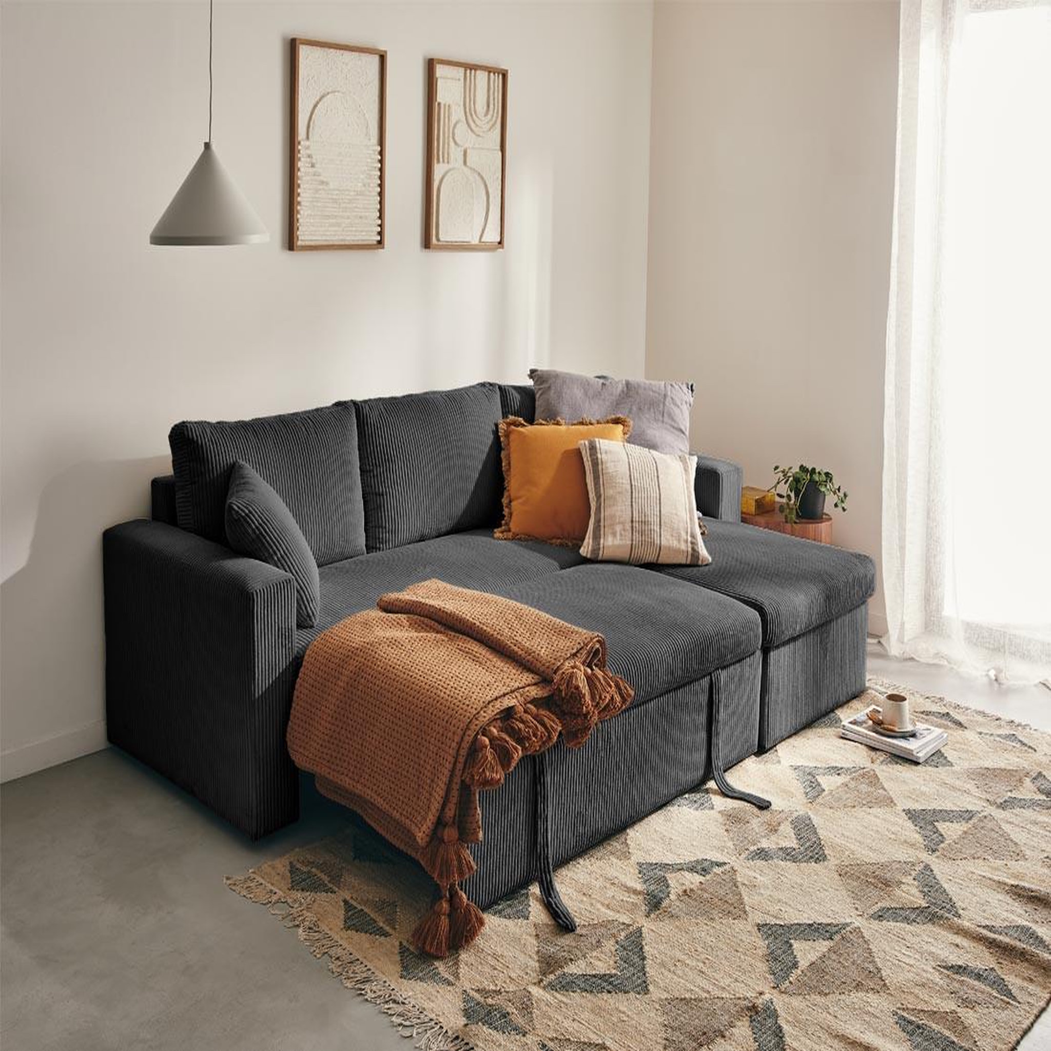 Voir la diapositive 3 : BEST MOBILIER Cyrus - canapé d'angle réversible 4 places - convertible avec coffre - en velours côtelé