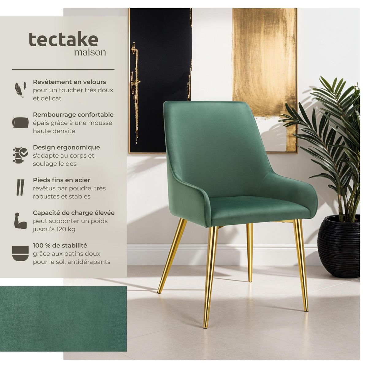 tectake Chaise rembourrée en velours rembourré vert Lot de 2
