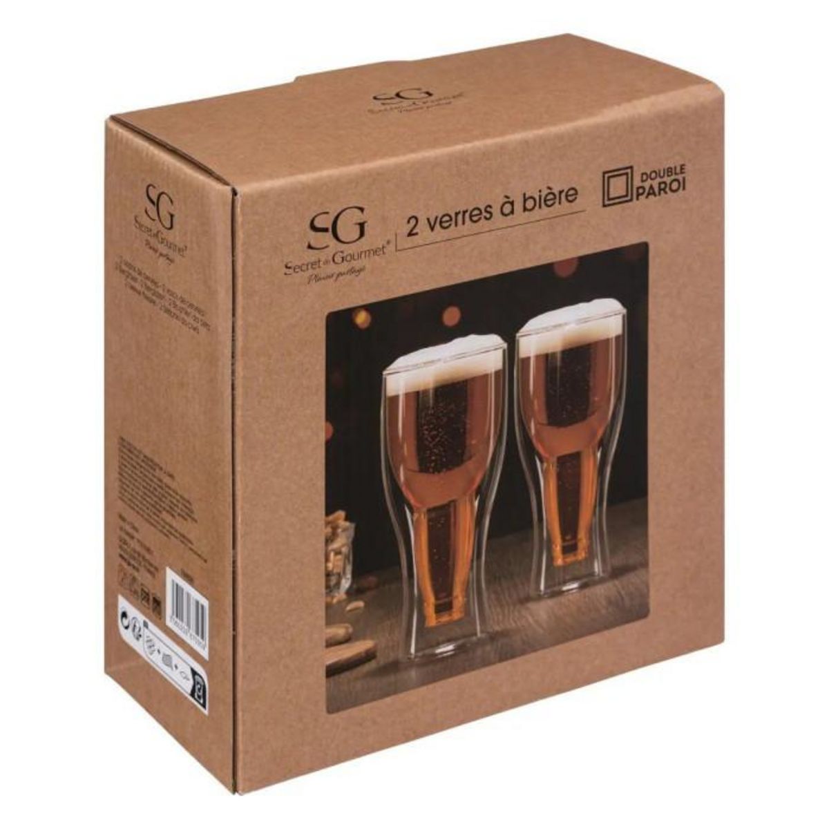 SECRET DE GOURMET Lot de 2 Verres à Bière  Double Paroi  35cl Transparent