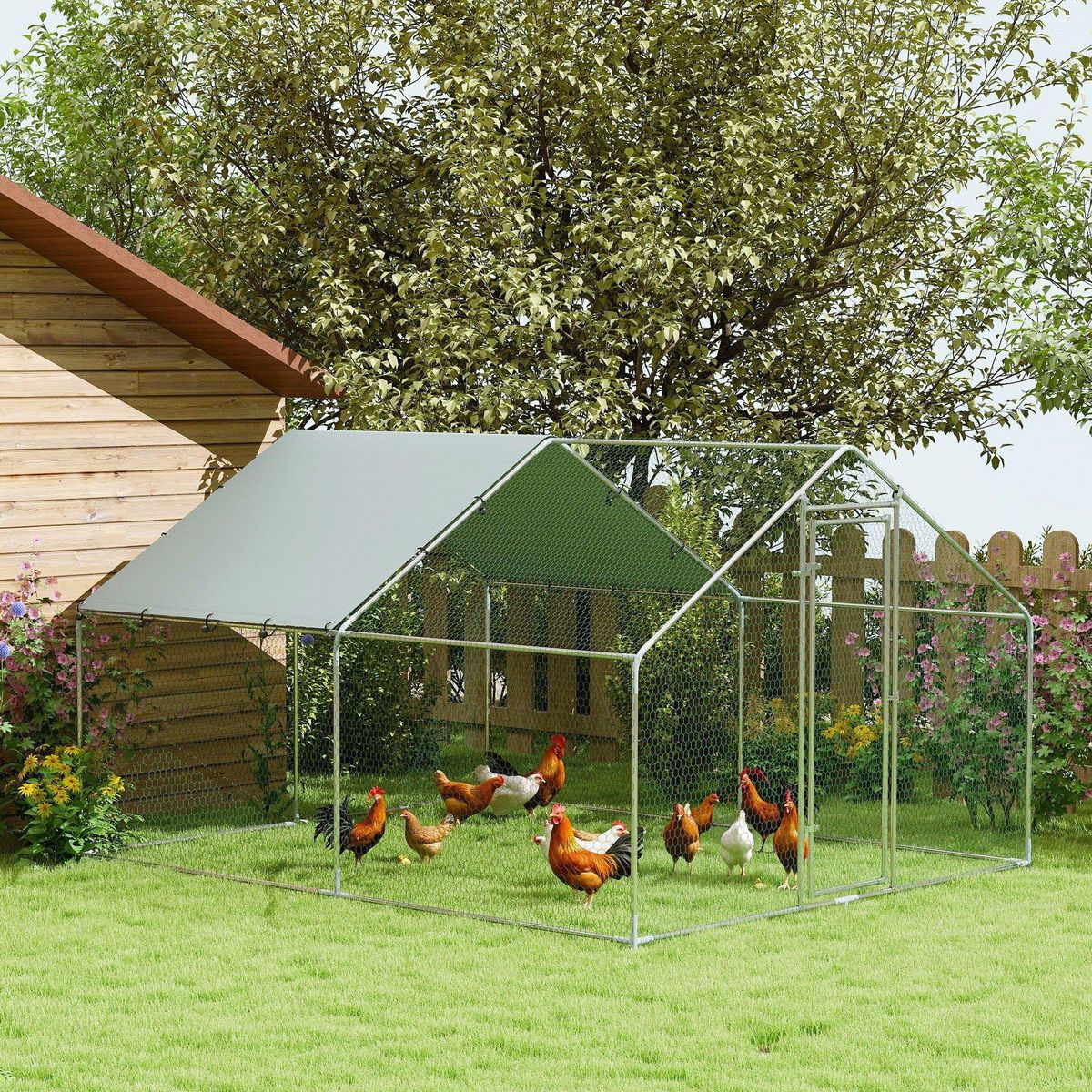 PAWHUT Enclos poulailler chenil 10,2 m² - parc grillagé dim. 3L x 3,4l x 1,9H m - espace couvert - acier galvanisé