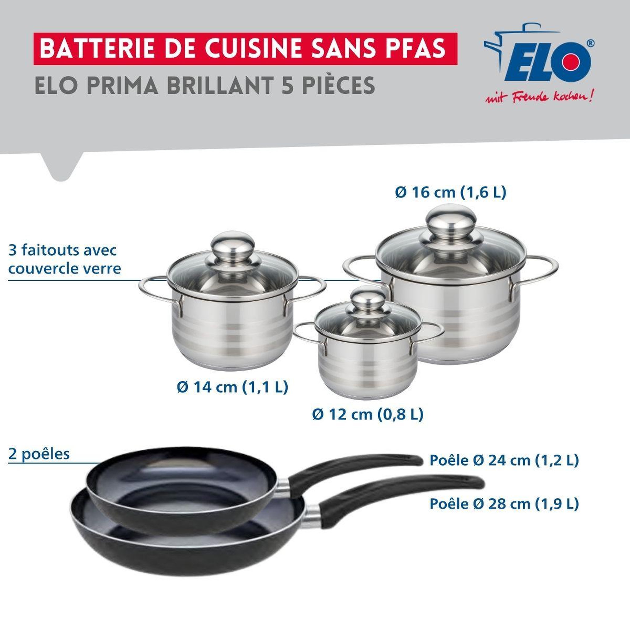 Voir la diapositive 2 : ELO Ensemble de 2 poêles de cuisson 24 et 28 cm et 3 faitouts 12, 14 et 16 cm elo prima brillant