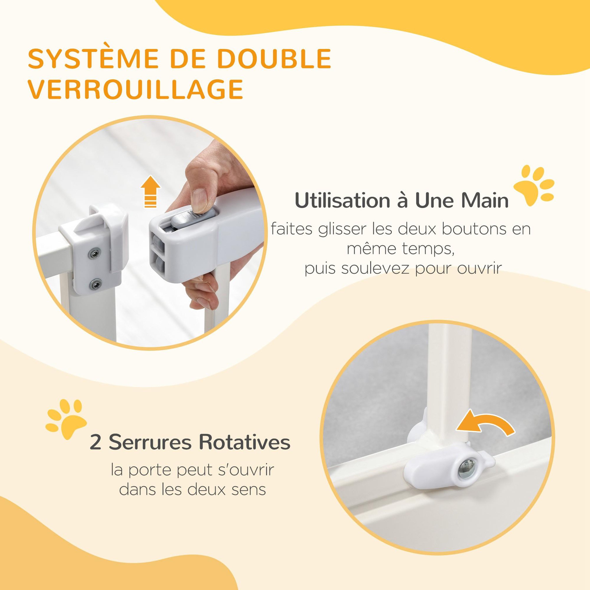 Voir la diapositive 5 : PAWHUT Barrière de sécurité animaux - longueur réglable dim. 74-97,5 cm - porte double verrouillage, ouverture double sens -sans perçage - acier plastique blanc