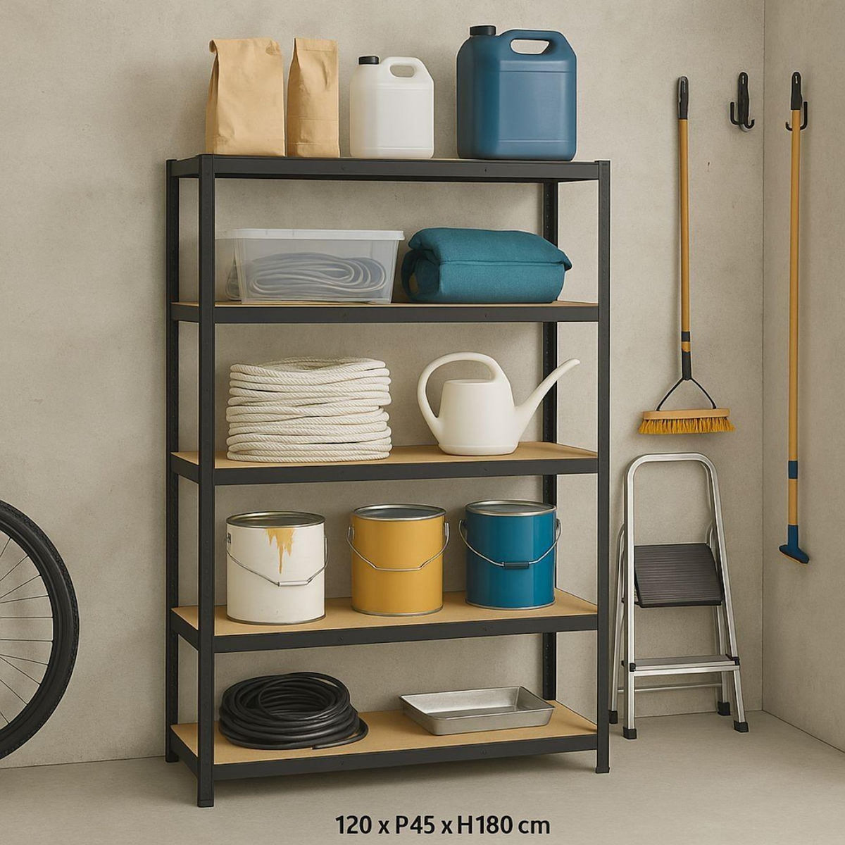 BRIXO Etagère de Garage 5 tablettes Bois MDF 120xP45xH180 cm Charges lourdes 300Kg Structure Acier Rangement Rayonnage BRIXO