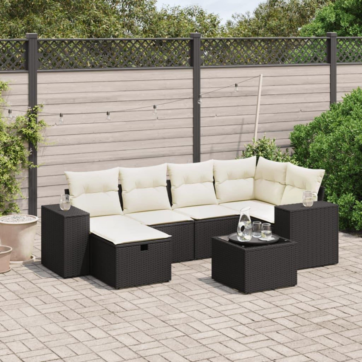 VIDAXL Salon de jardin 7 pcs avec coussins noir resine tressee