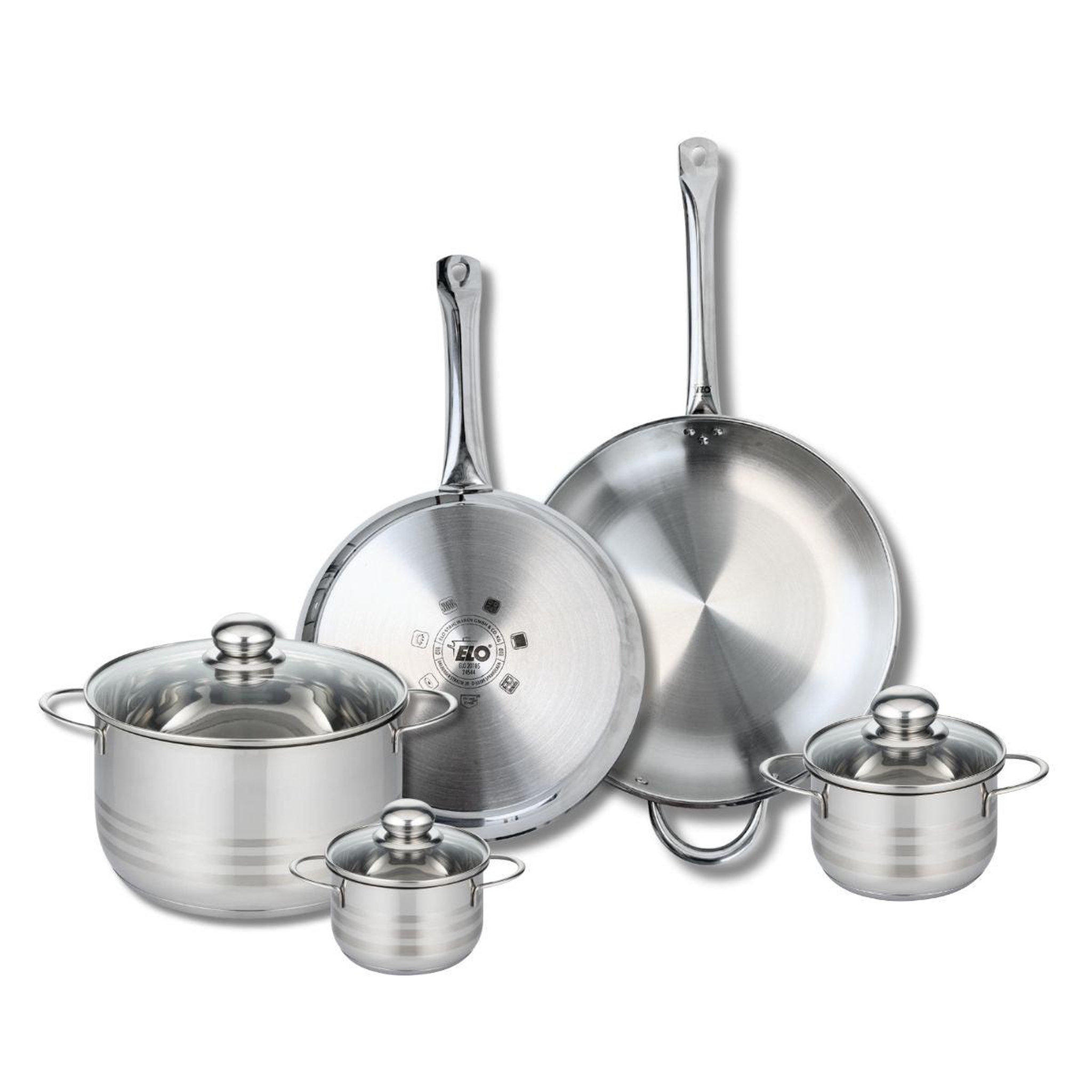 ELO Ensemble de 2 poêles de cuisson 28 et 32 cm et 3 faitouts 12, 14 et 24 cm elo profi brillant