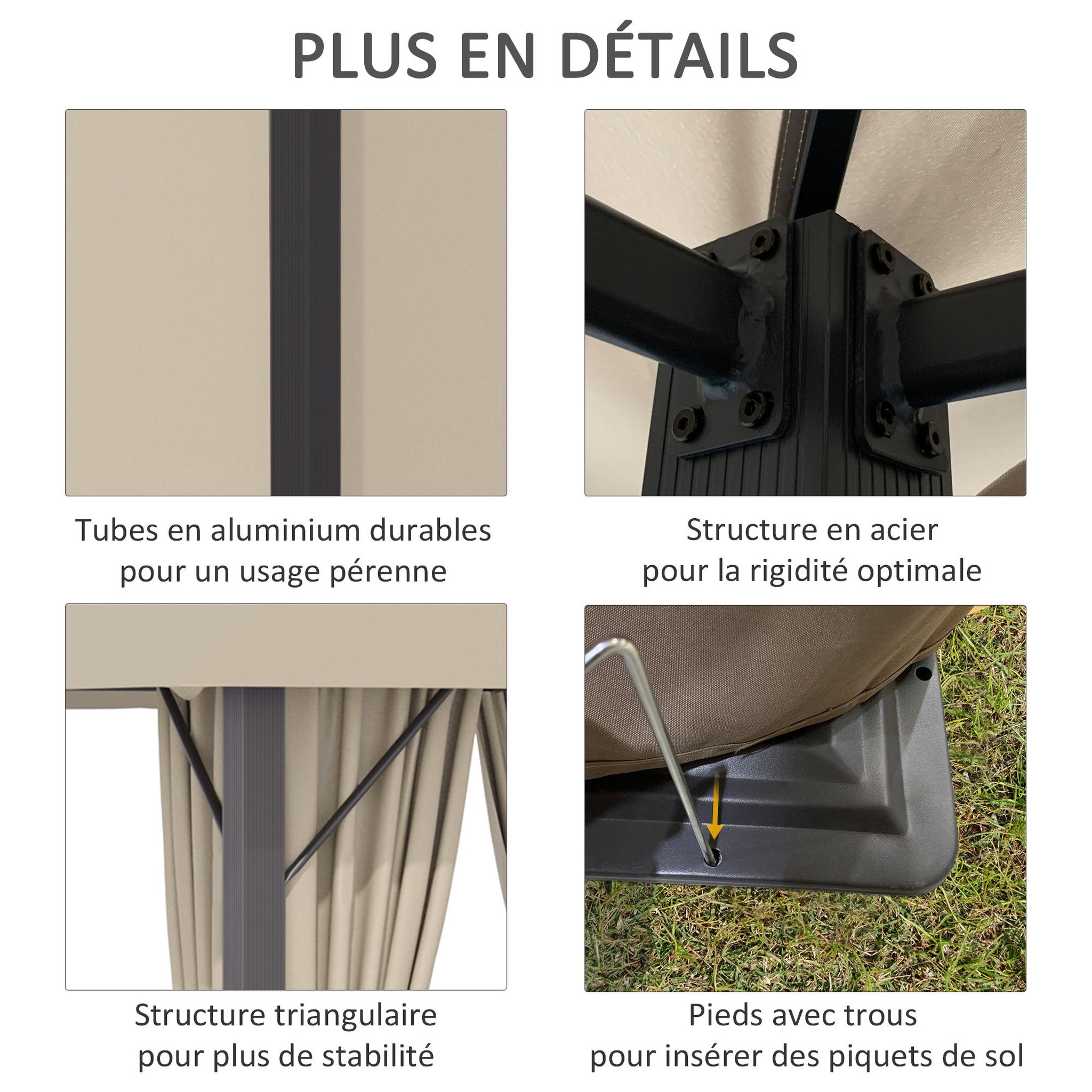 Voir la diapositive 6 : OUTSUNNY Tonnelle barnum de jardin 2,97L x 2,97l m avec 4 parois latérales amovibles - toit avec évent - porte zippée - armature aluminium et acier - beige