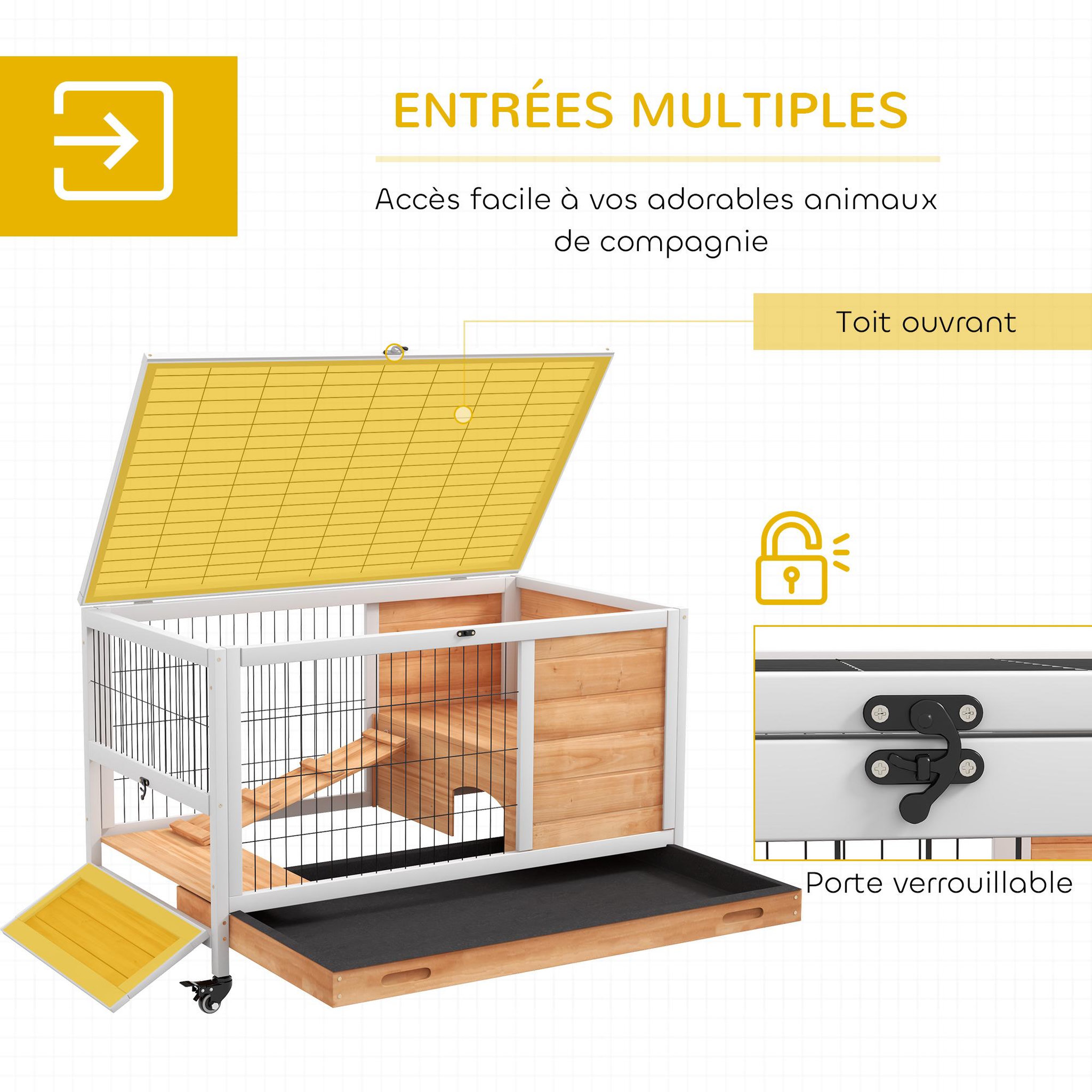 Voir la diapositive 4 : PAWHUT Clapier à lapin sur roulettes cage à lapin 2 étages porte verrouillable toit ouvrant plateau coulissant rampe bois de sapin orange blanc