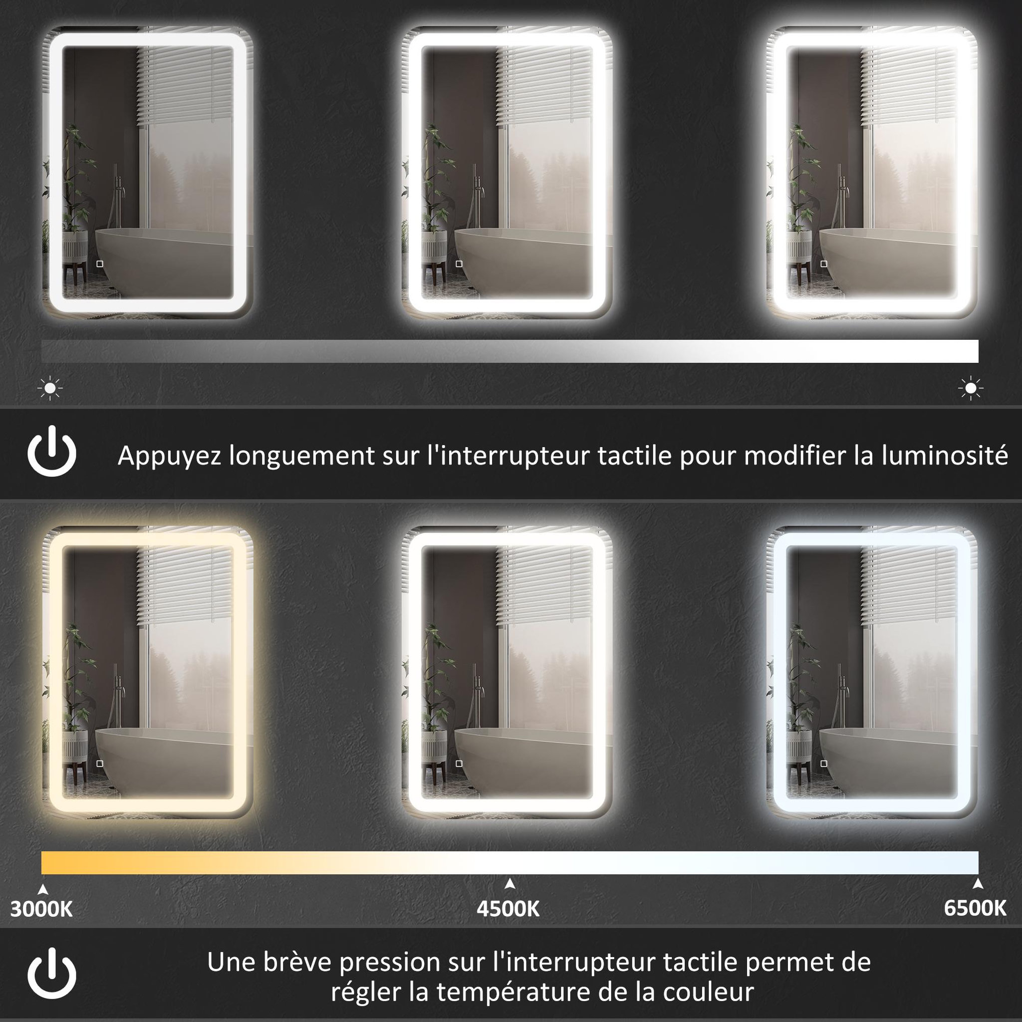 Voir la diapositive 5 : HOMCOM Miroir led salle de bain réglable 34w antibué tactile dim. 60l x 80h cm