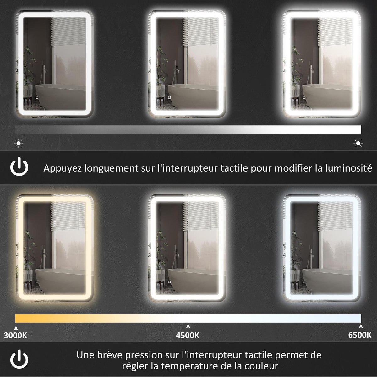HOMCOM Miroir LED salle de bain réglable 34W antibué tactile dim. 60L x 80H cm