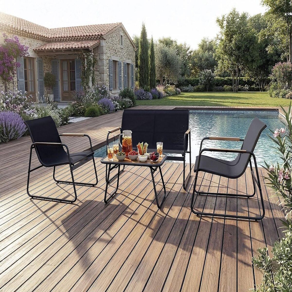 Habitat et Jardin Salon de jardin en métal avec décor imitation bois  Sparta  - 4 places - Noir