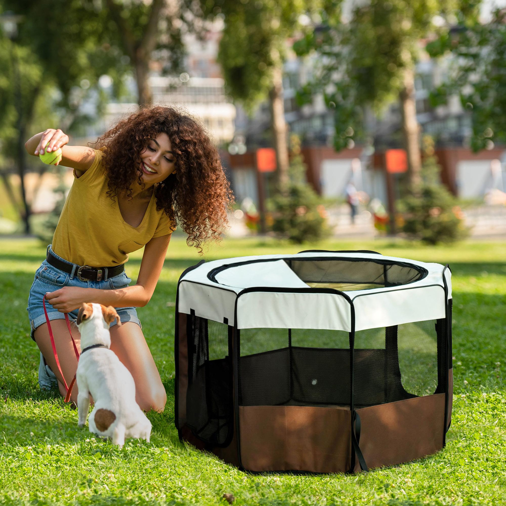 Voir la diapositive 2 : PAWHUT Parc enclos pliable chien chat ø 117 x 76h cm - 2 portes, 2 poches, sac transport - acier oxford marron beige