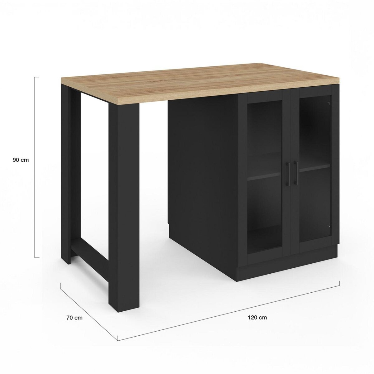 ID MARKET Ilot central LINO 120 cm 2 personnes bois noir avec plan de travail façon hêtre et portes vitrées