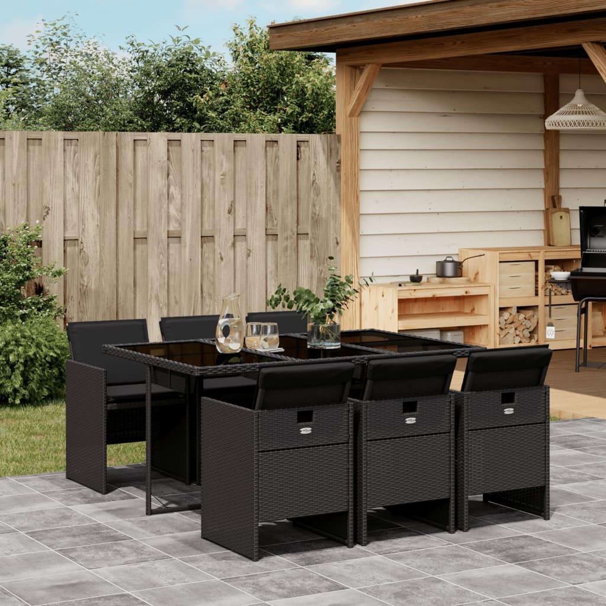 VIDAXL Ensemble a manger de jardin coussins 7pcs Noir Resine tressee