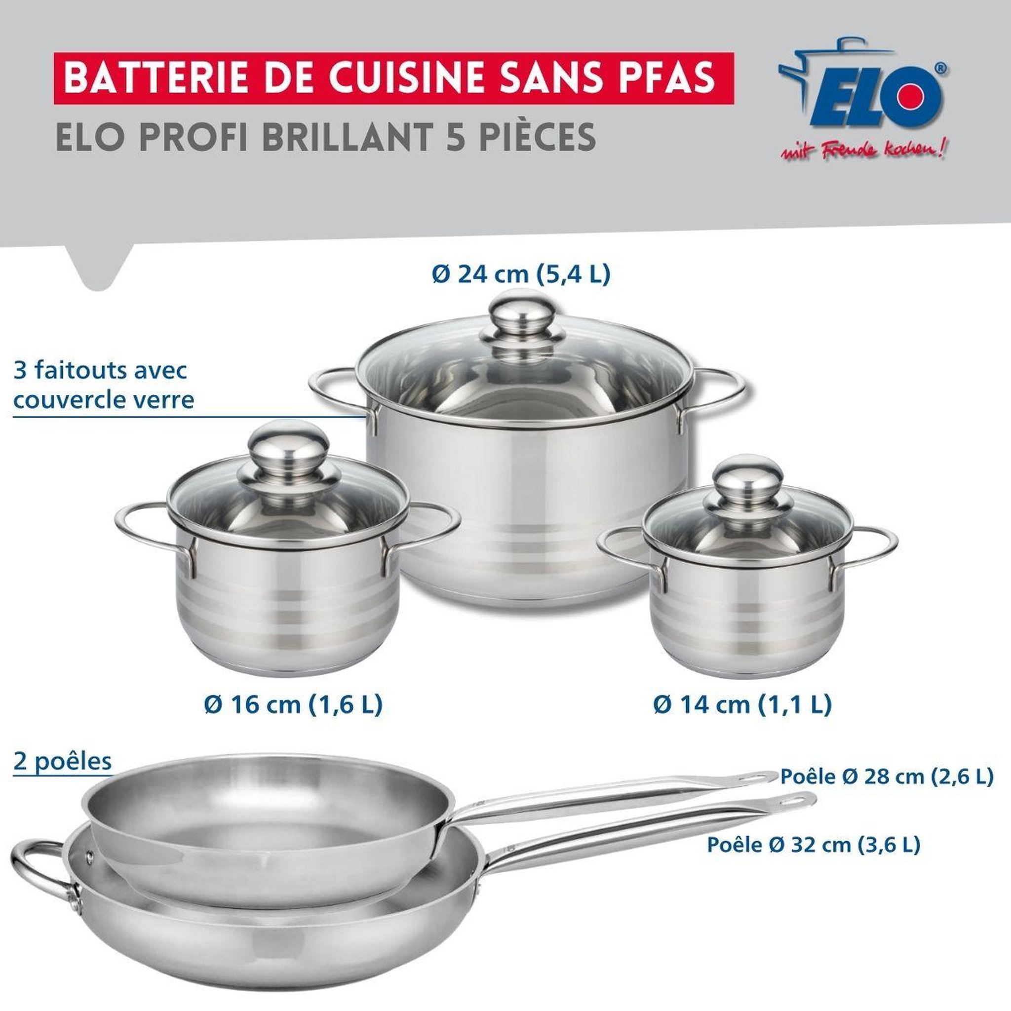 Voir la diapositive 2 : ELO Ensemble de 2 poêles de cuisson 28 et 32 cm et 3 faitouts 14, 16 et 24 cm elo profi brillant