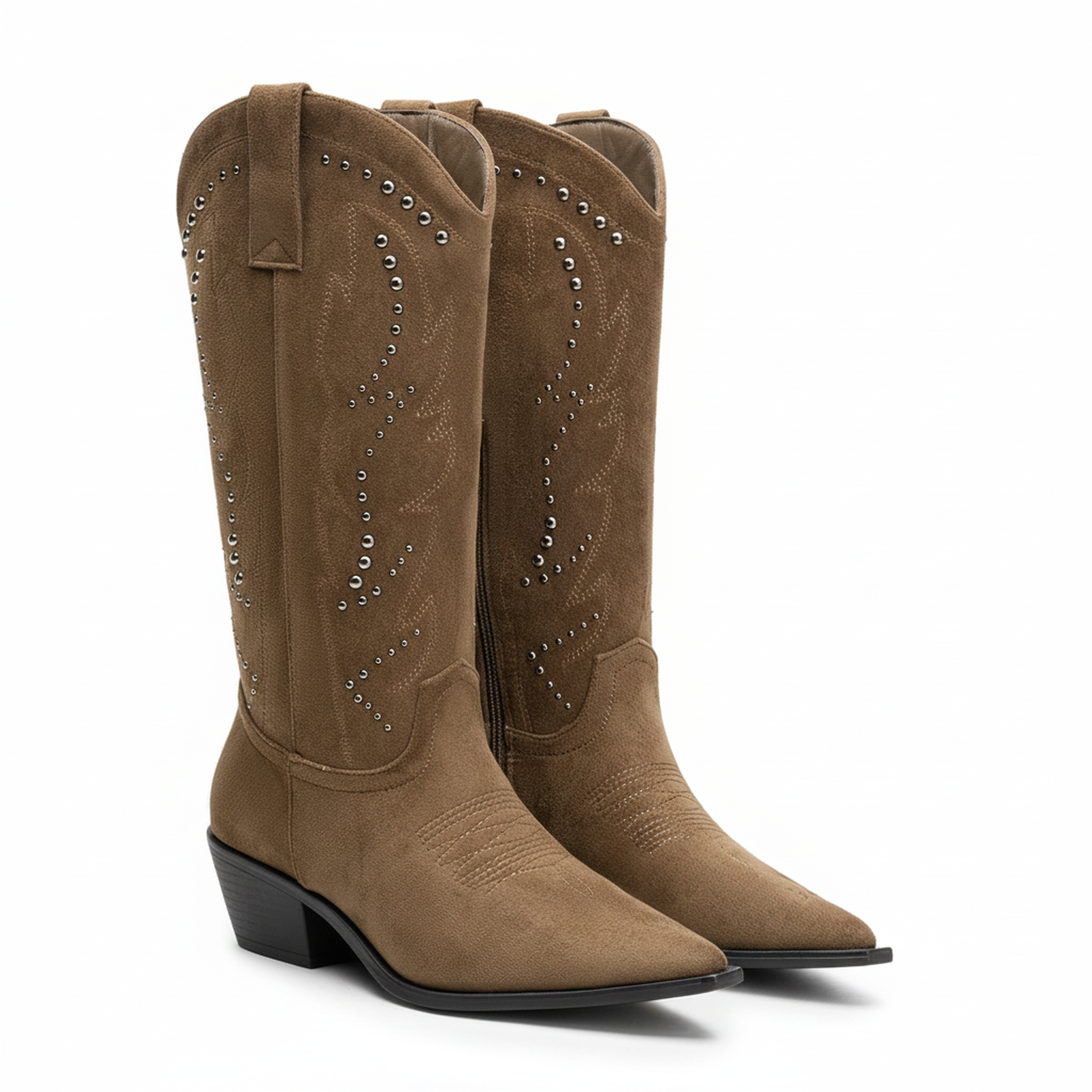 Voir la diapositive 3 : OZABI Ozabi bottes santiag femme haute tige suédine cloutée talon bloc 4 cm