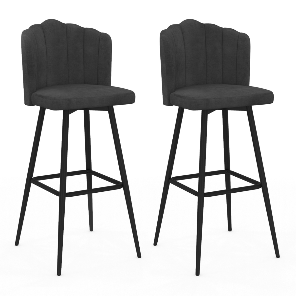 ID MARKET Lot de 2 tabourets de bar coquillage ADELLA gris anthracite en velours pieds noirs