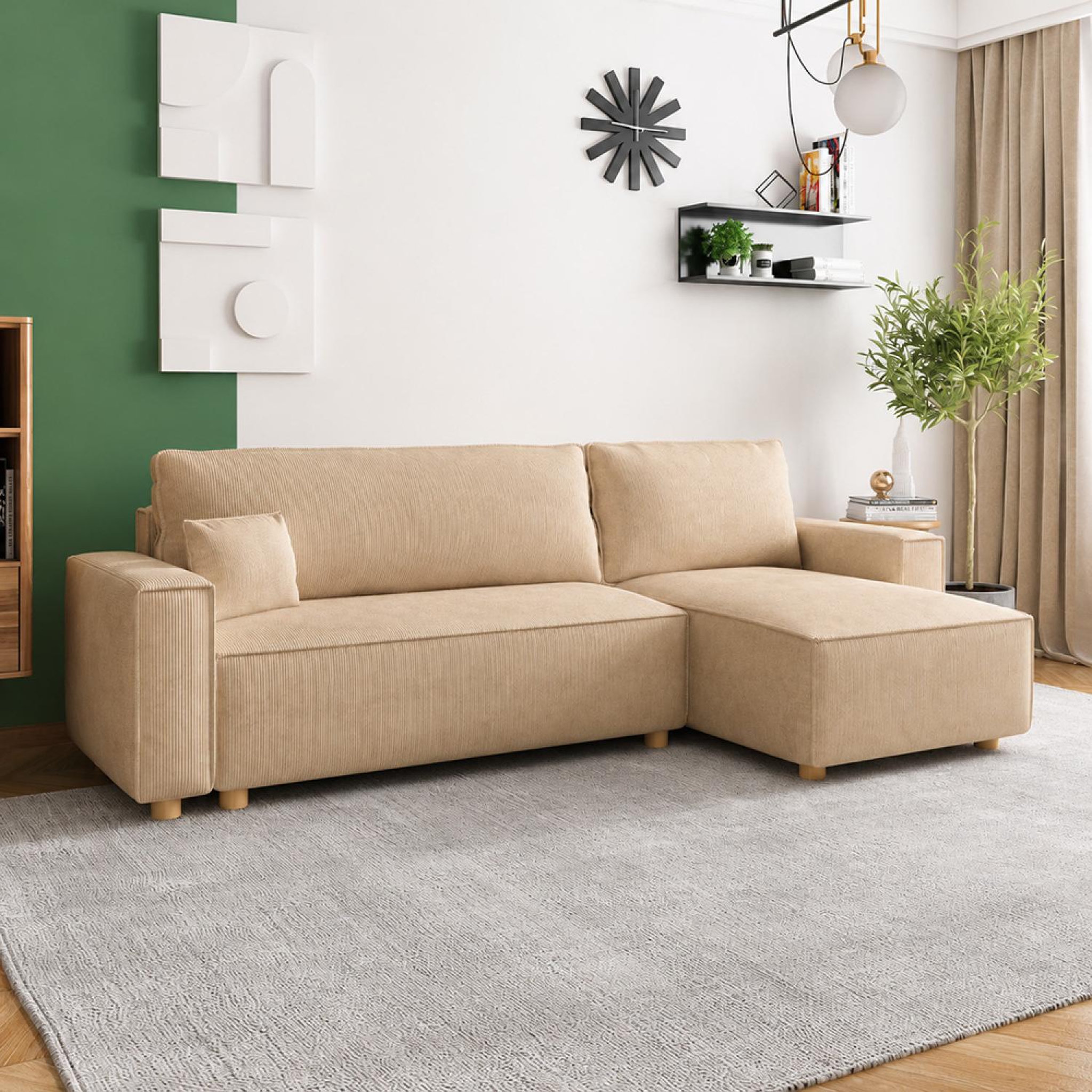 Voir la diapositive 4 : CONCEPT USINE Canapé convertible d'angle réversible 4 places velours côtelé beige cosy
