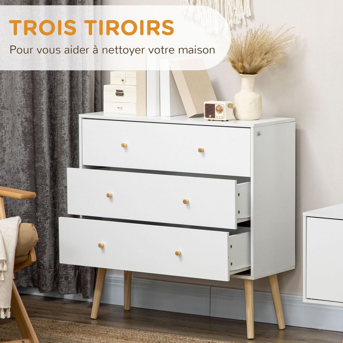 HOMCOM Commode 3 tiroirs design scandinave piètement effilé incliné bois pin panneaux blanc