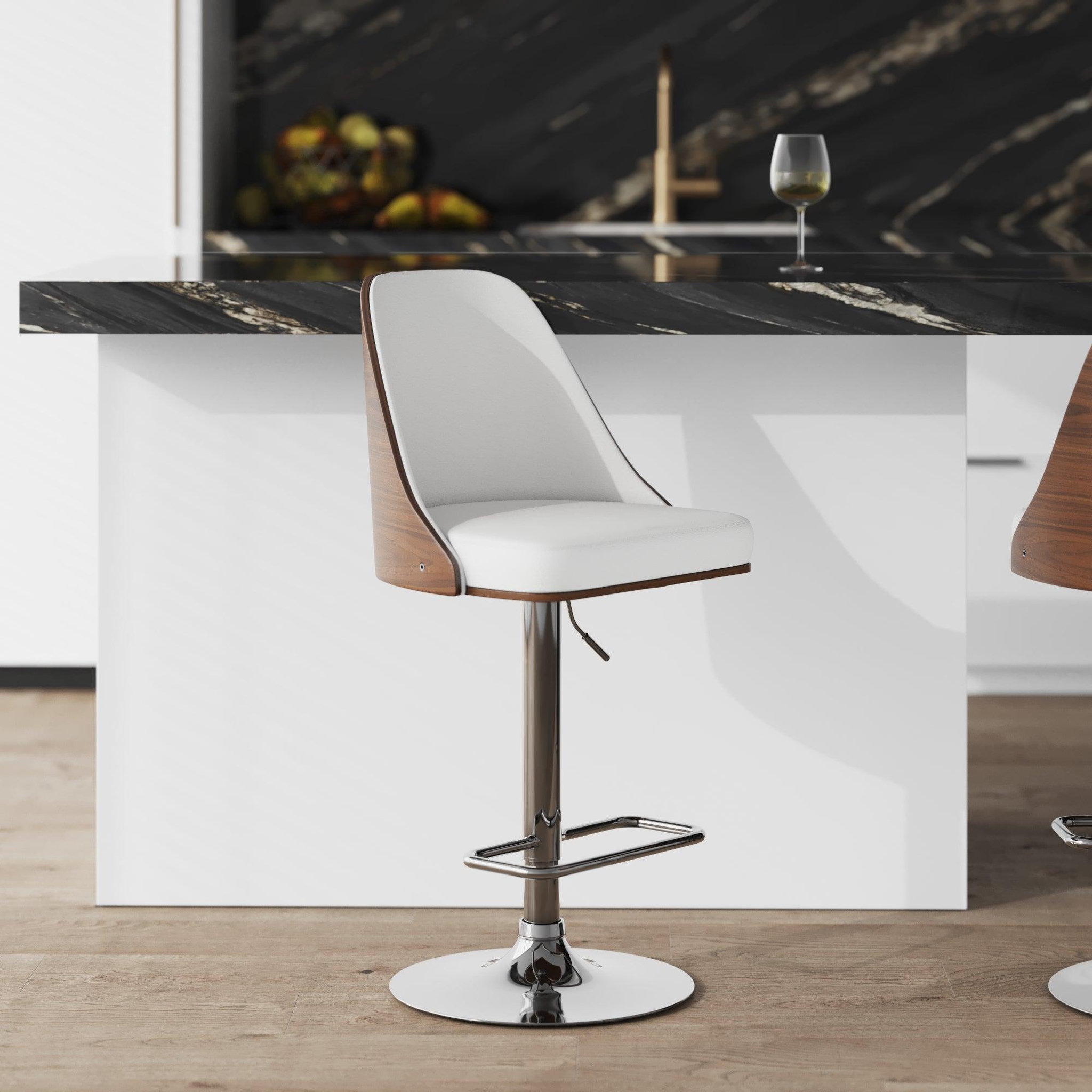 Voir la diapositive 2 : MAISON PAVANE Chaise de bar réglable et pivotante en bois foncé et pu blanc 56/77 cm-georges