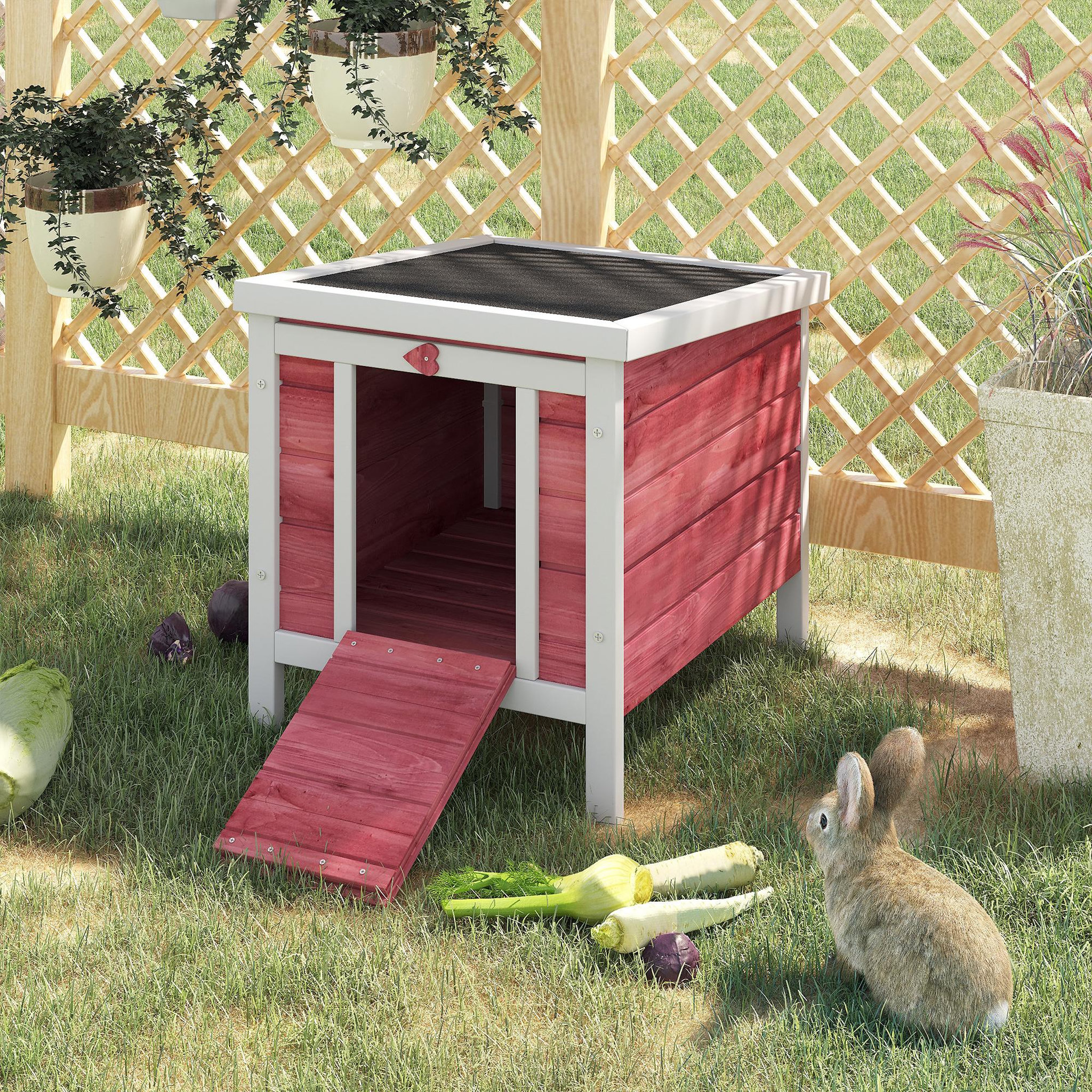 Voir la diapositive 2 : PAWHUT Clapier lapin niche sur pied - rampe porte verrouillable, toit ouvrant bitumé incliné - bois rouge blanc