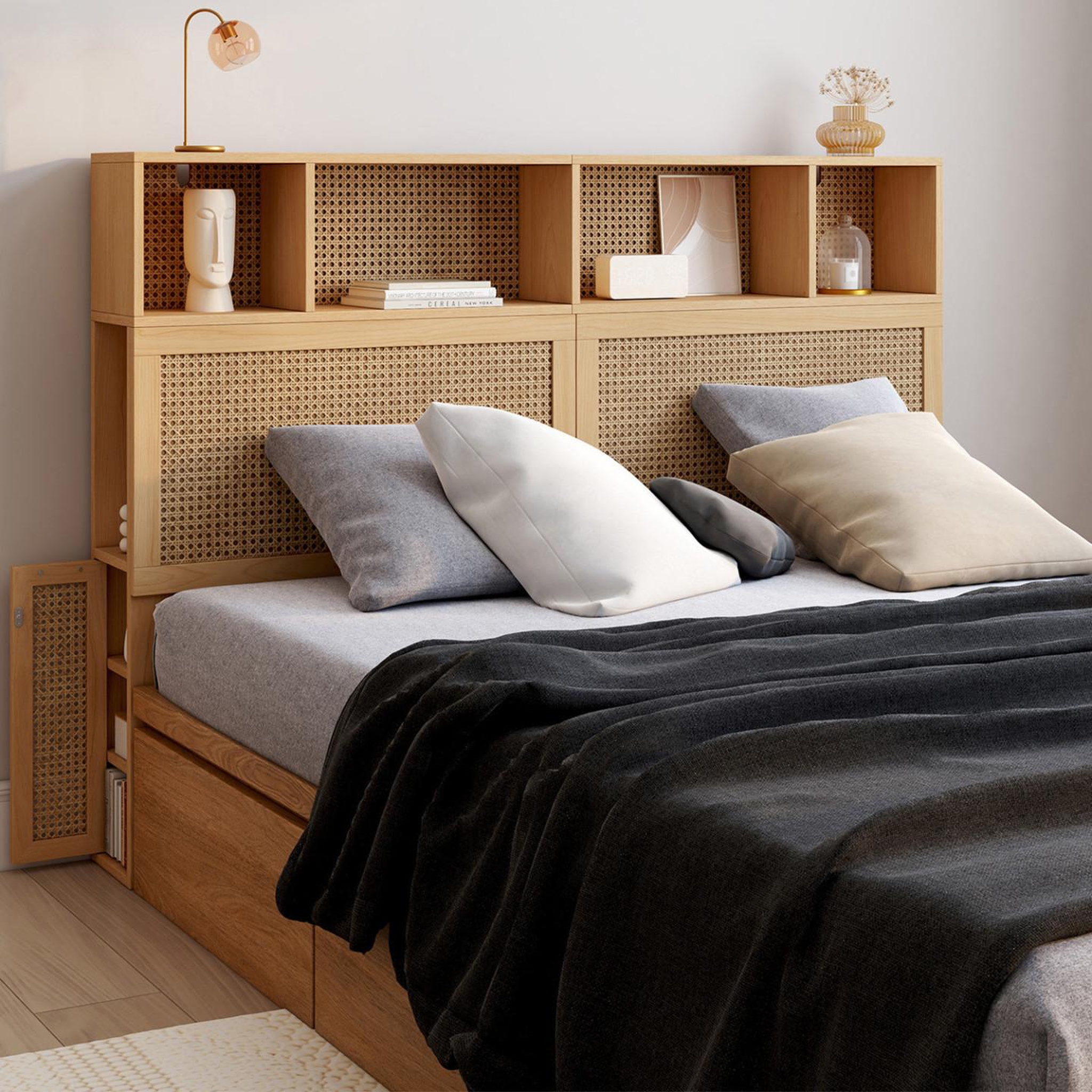 Voir la diapositive 2 : ID MARKET Tête de lit edhen 145 cm avec rangements fermés et niches cannage et bois