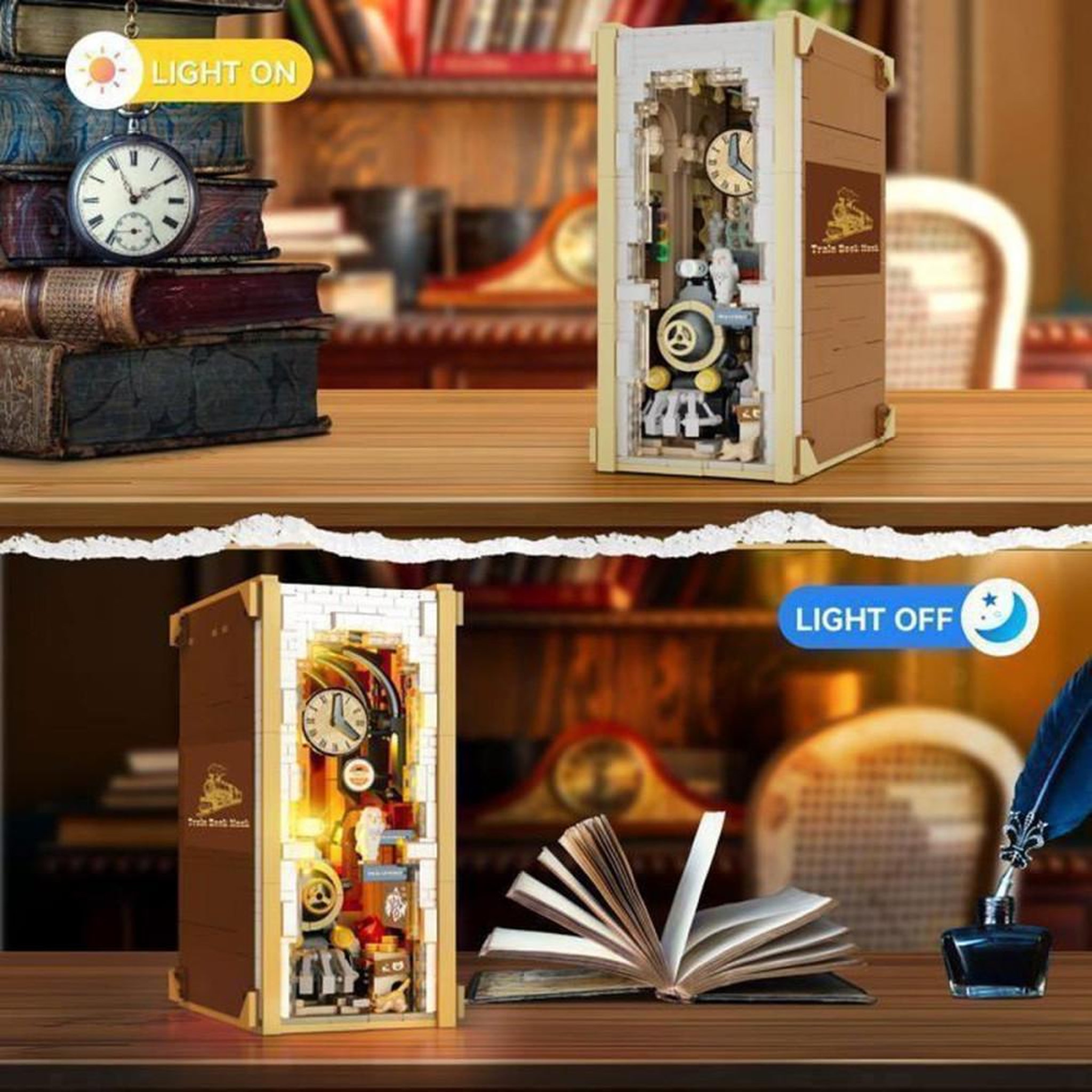 Voir la diapositive 6 : Kit maquette diorama livre illuminé LED train rouge 1 300 pièces