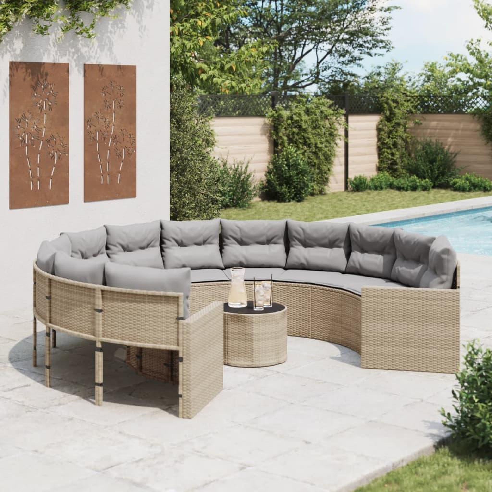 VIDAXL Canape de jardin avec table coussins rond beige resine tressee