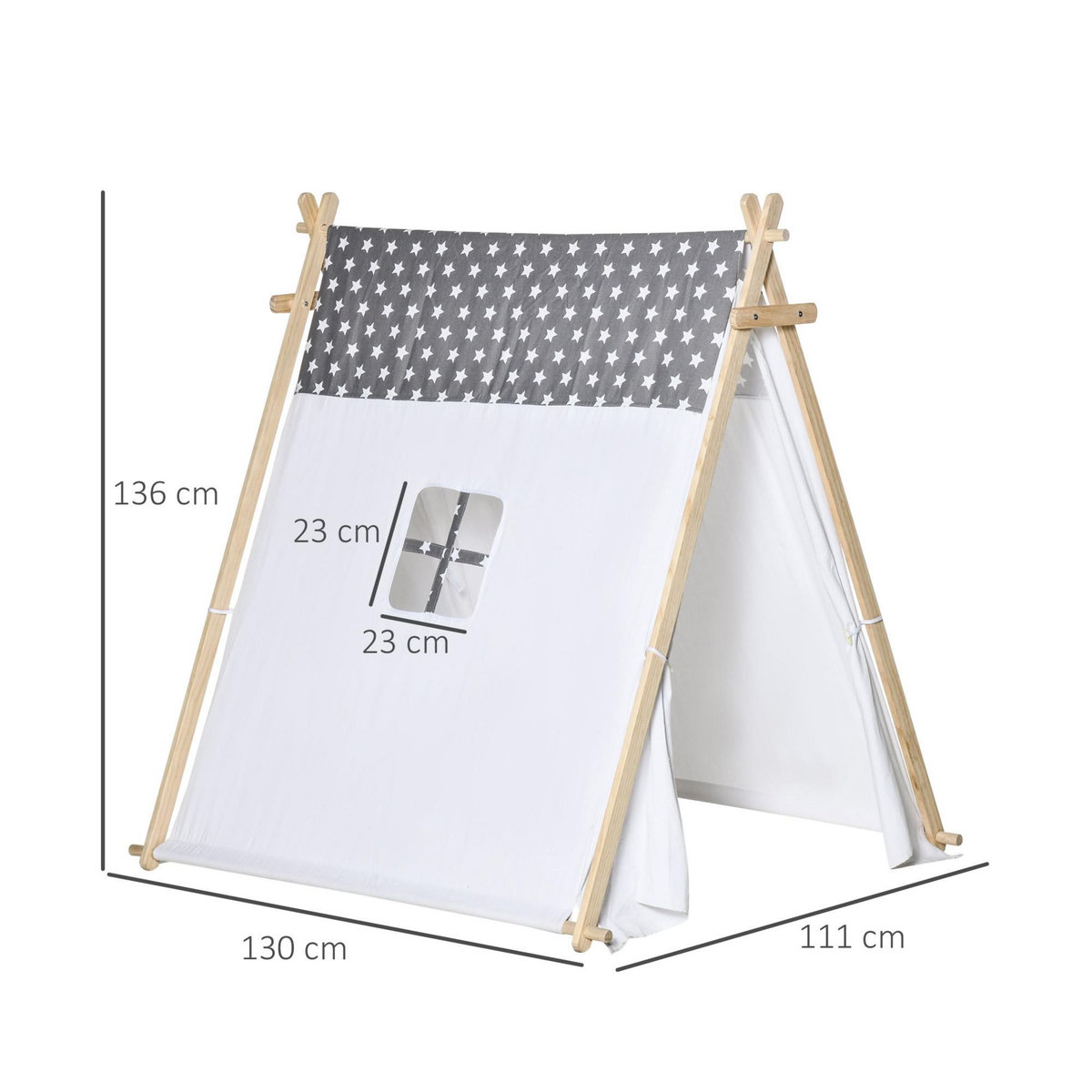 HOMCOM Tente teepee indien enfant motif étoiles - dim. 1,3L x 1,11I x 1,36H m - 2 portes refermables, fenêtre - structure bois, toile polyester coton gris blanc