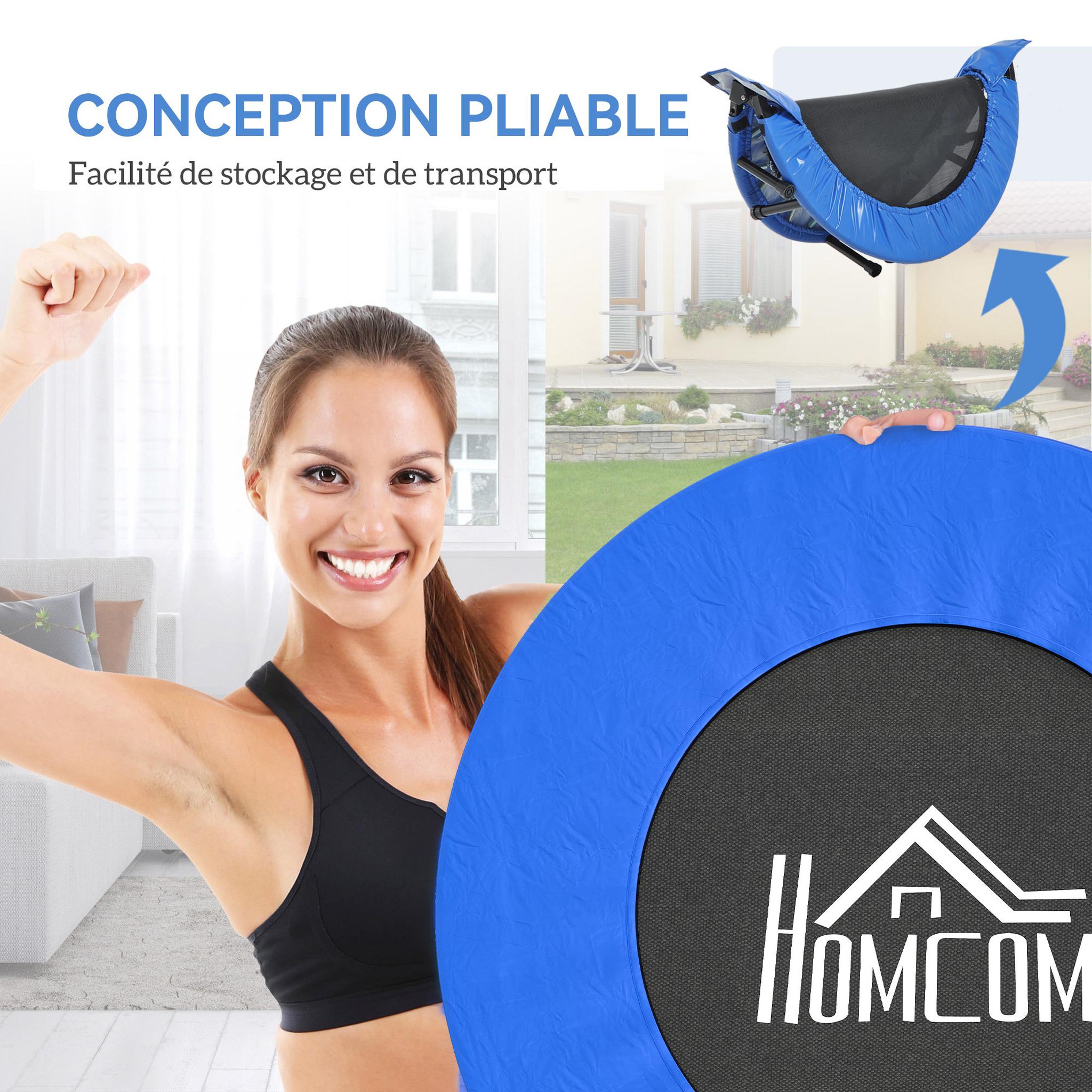 Voir la diapositive 4 : HOMCOM Mini trampoline de Fitness dia. 81cm max. 100Kg couvre-ressort pieds antidérapants noir bleu