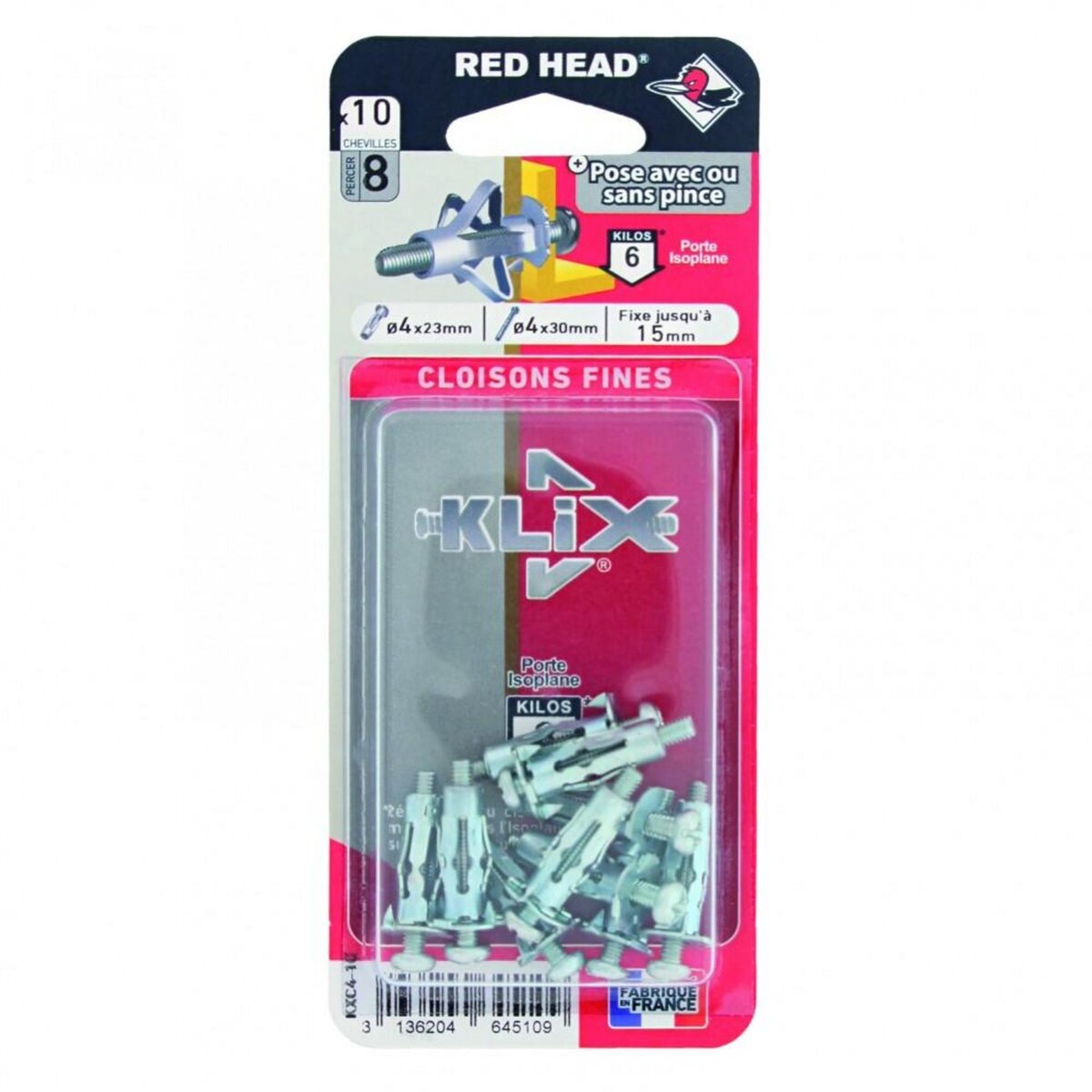 RED HEAD Lot de 10 chevilles et vis à expansion klix KXC410 RED HEAD, Diam.8 x L.23 mm