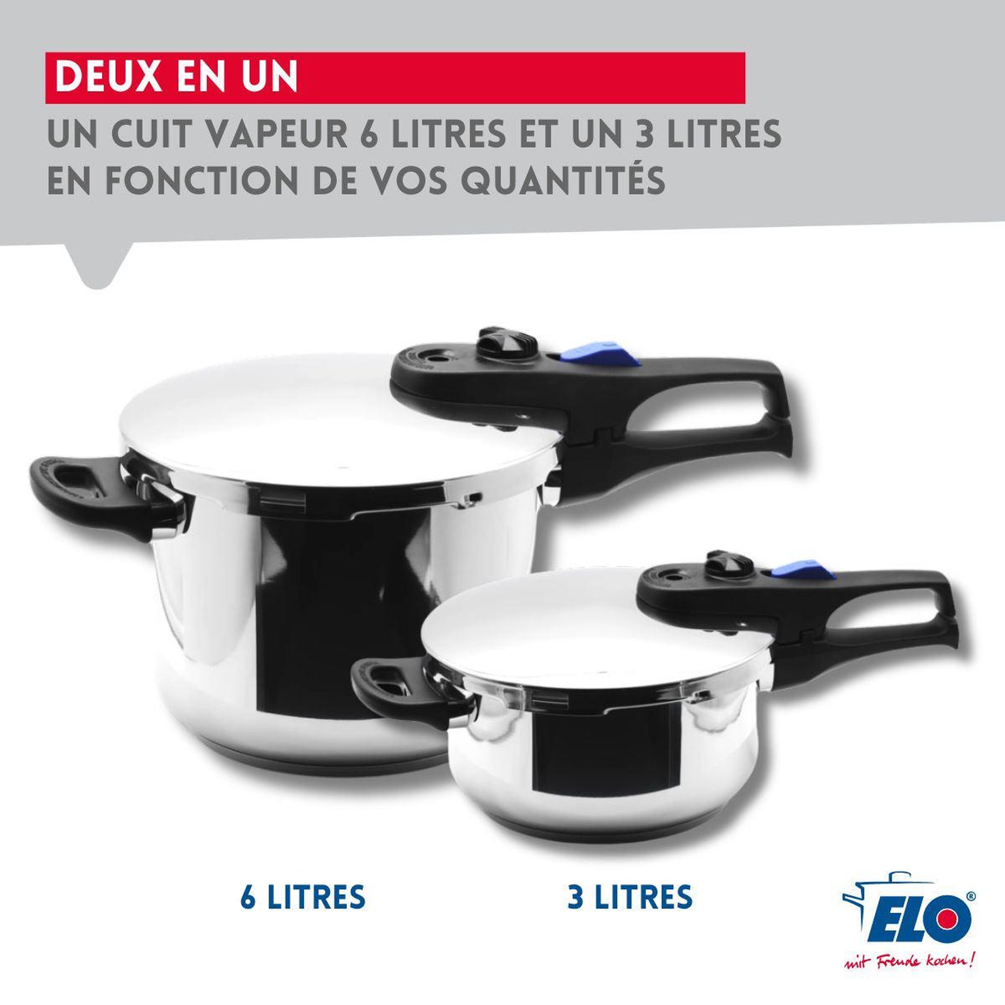 Voir la diapositive 6 : ELO Autocuiseur vapeur en acier inoxydable 18/10 22 cm 3 à 6 litres elo praktika plus xl