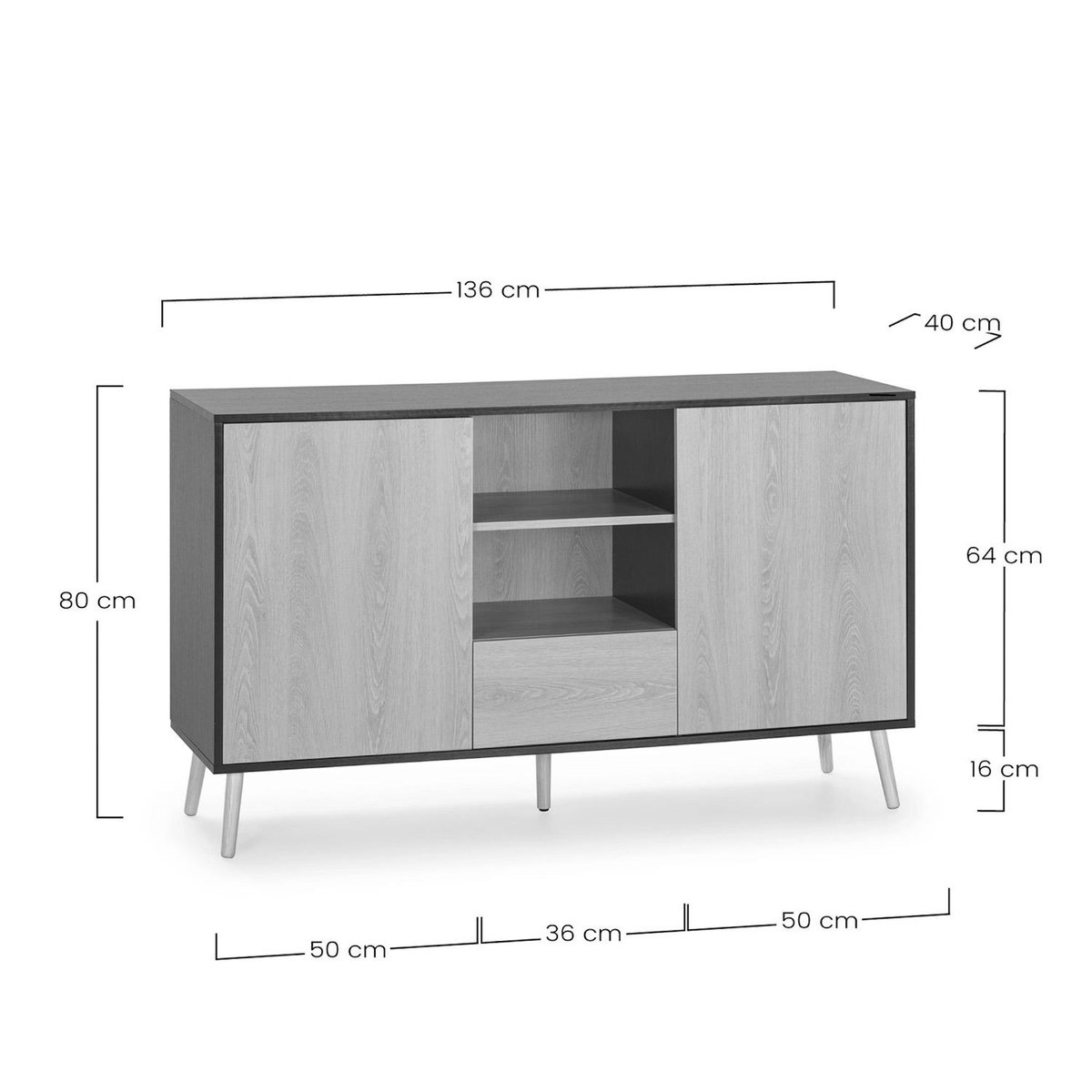 VS VENTA-STOCK Buffet Apolo 2 portes 1 tiroir, couleur noir/bois