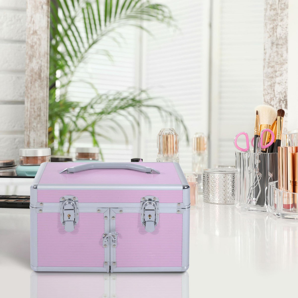 HOMCOM Mallette de maquillage cosmétique vanity beauté nombreux compartiments alu. rose