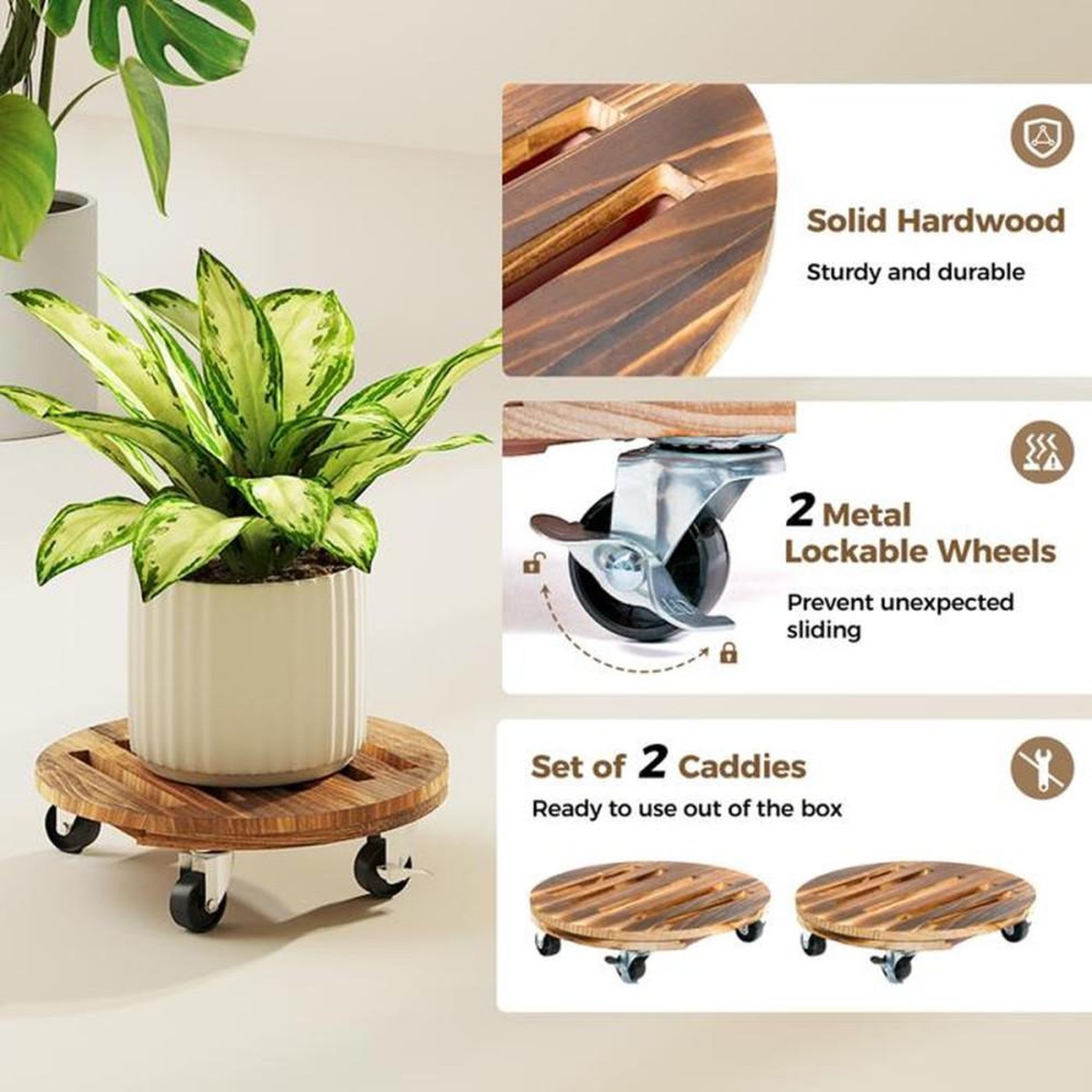 Voir la diapositive 3 : Set de 2 supports de plantes en bois renforcé avec roulettes silencieuses et freins, plateau Ø 30,5 cm