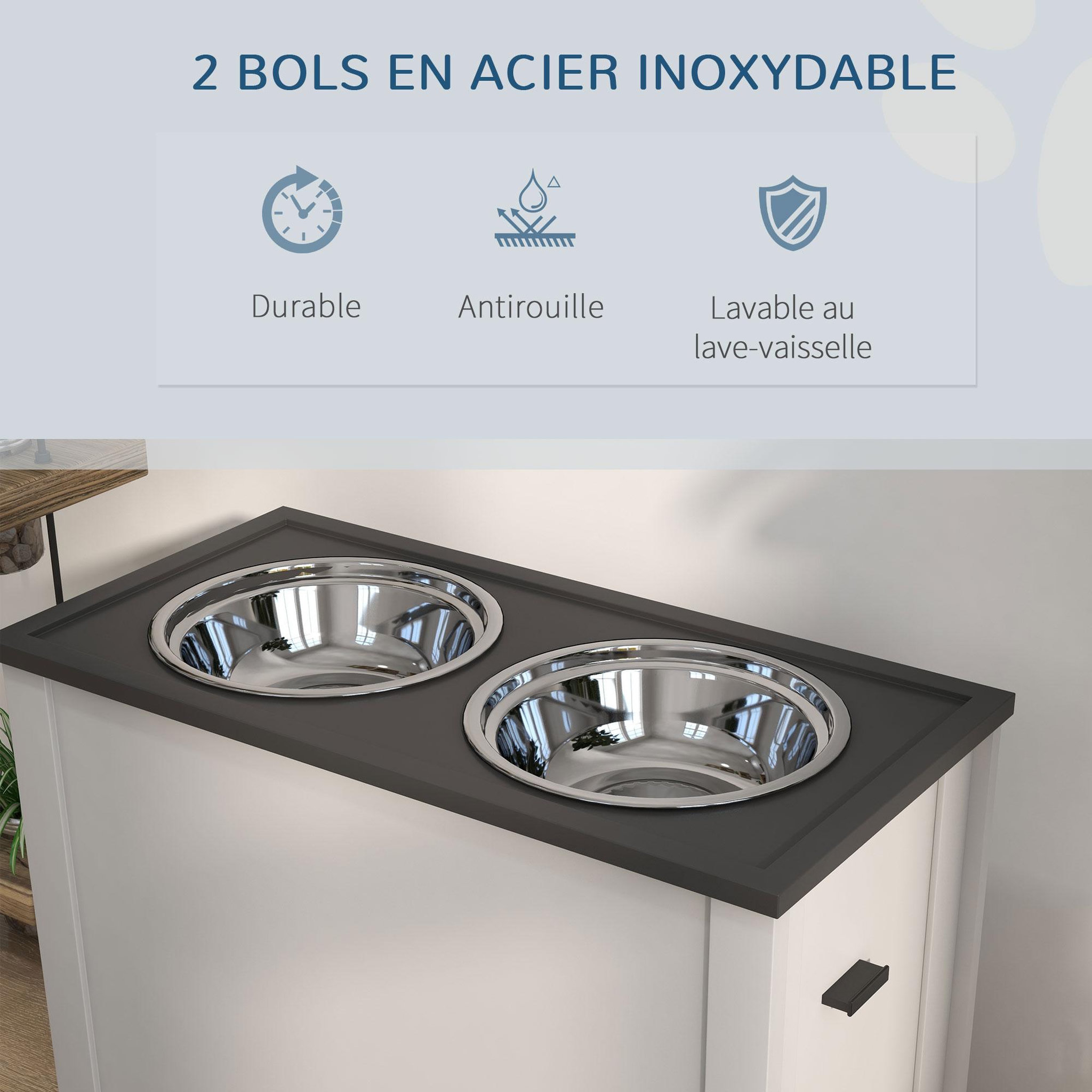 Voir la diapositive 6 : PAWHUT Gamelle double chien - porte-gamelles surélevé rangement 2 en 1 - tiroir, 2 gamelles - acier inox. MDF gris blanc